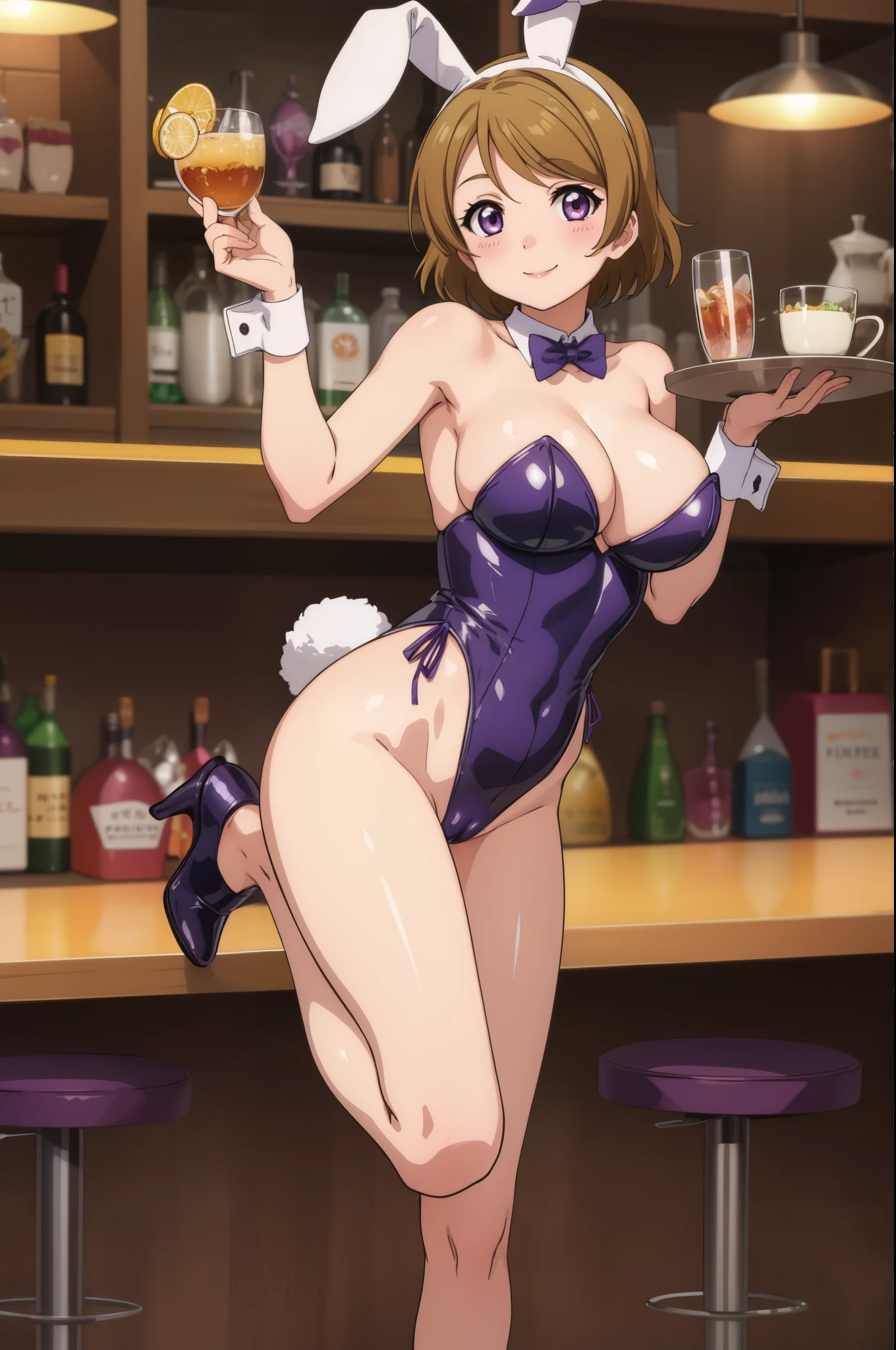 Koizumi hanayo, purple eyes, playboy bunny,big breasts, smile , pussy, standing on one leg, bar 