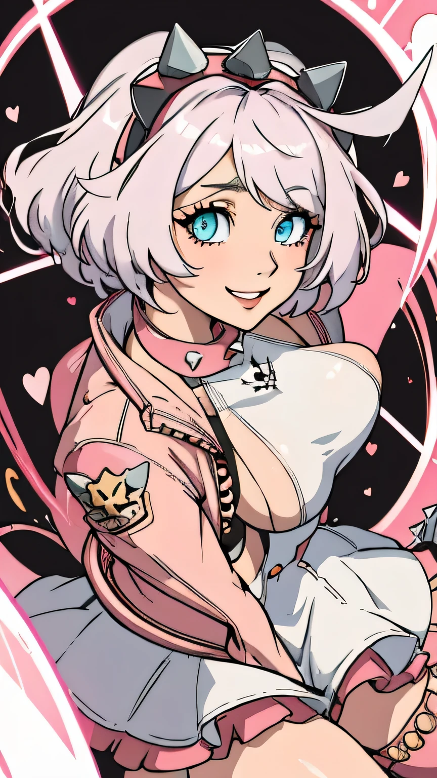 best quality,ultra-detailed,elphelt valentine,portrait,charming smile,detailed eyes,beautiful,vibrant colors,warm lighting, full body view, pink jacket