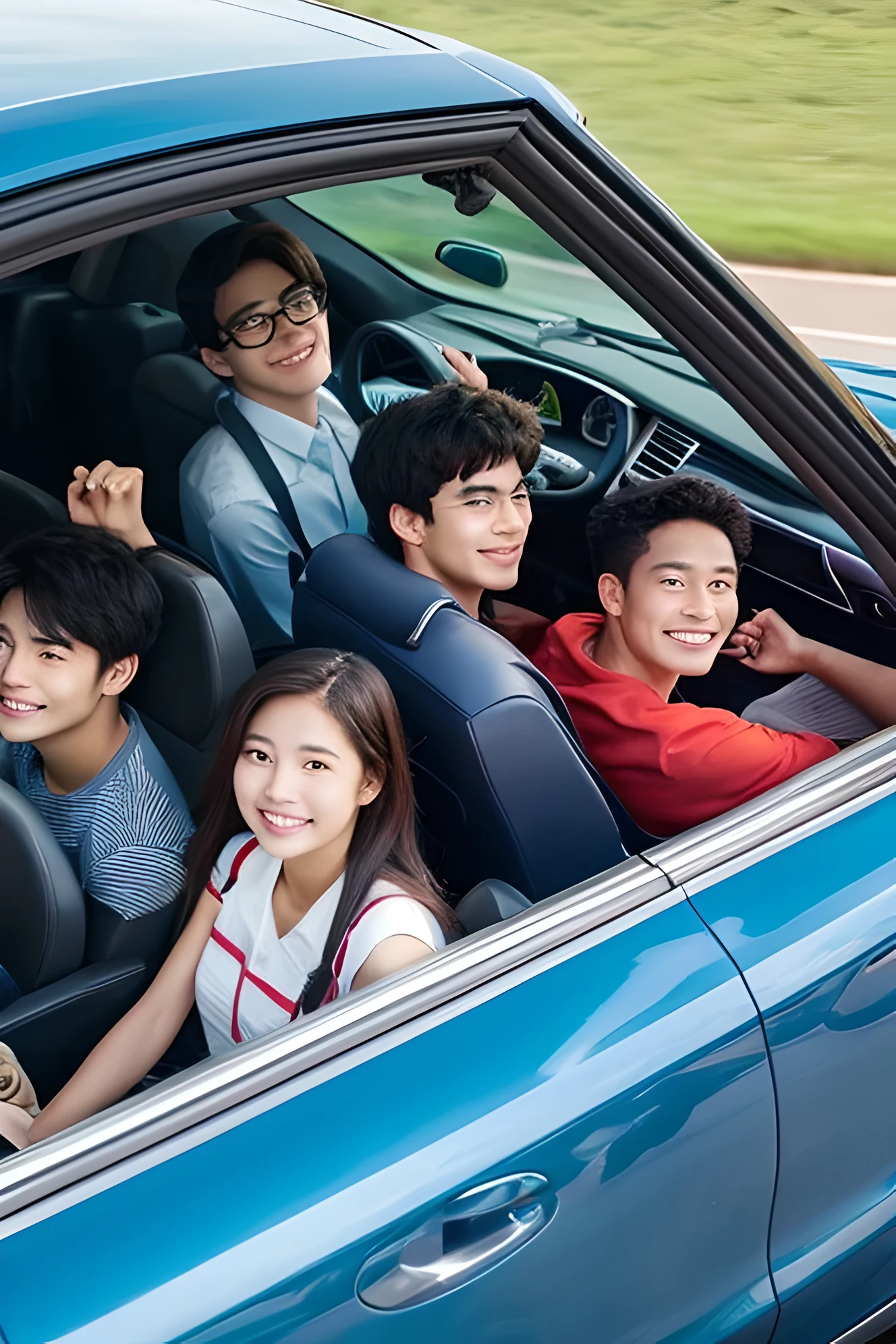 Four college men and women driving happily in a convertible car.