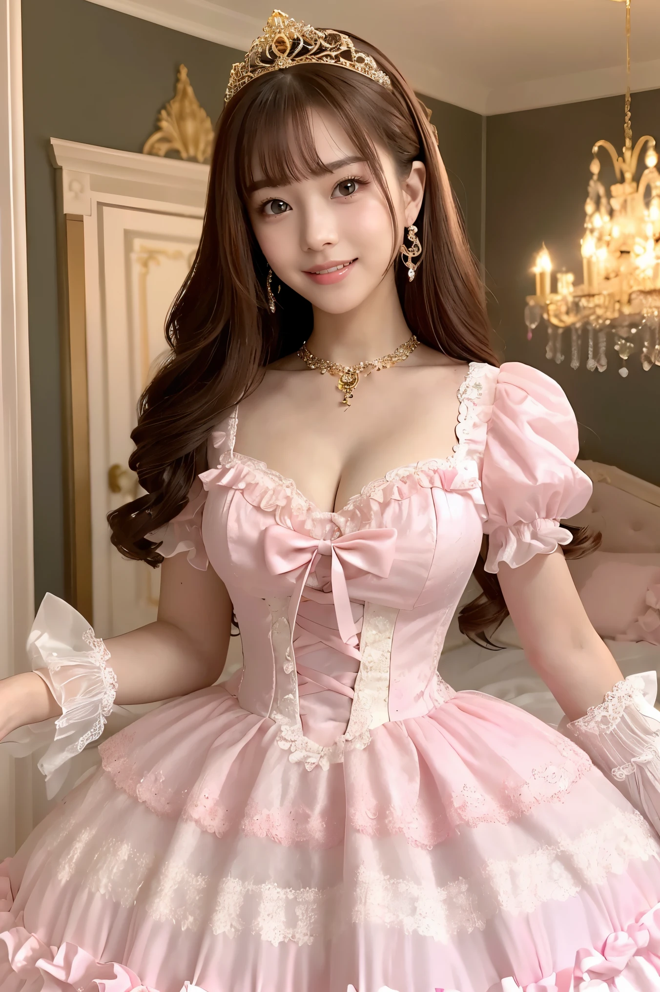 (highest quality、masterpiece、8K、best image quality、hyper realism、Award-winning work)、1 cute lolita princess、(solo:1.1)、(1 photo:1.1)、(A girly and cute high-end light pink Lolita princess dress:1.2)、(Cute big ribbon on the chest:1.1)、(The most extravagant and luxurious giant princess tiara:1.1)、(Huge jewellery:1.1)、(The most luxurious and finest huge princess jewelry necklace:1.1)、(A top-notch Lolita princess dress with intricate jewelry detailing:1.2)、(Very intricate and detailed lace decoration:1.1)、(A very intricate and elaborately decorated dress:1.1)、(The most extravagant Lolita princess dress with cute frills and ribbons:1.1)、(The most luxurious Lolita princess dress with lovely lace decoration:1.1)、(Cute girly lolita wavy hair:1.1)、(The finest, most beautiful and shining chandeliers:1.2)、(low length:1.1)、(Height: 140cm:1.1)、(very big breasts:1.2)、(cleavage:1.1)、(Cute heart symbol:1.1)、Lots of cute frills、emphasize body line、slender body、Standing gracefully、(The most luxurious and luxurious lolita princess room background in pink and white:1.1)、(Intricately detailed top-of-the-line pink, white and gold Lolita princess room:1.1)、(A luxurious princess room with the most extravagant and girly atmosphere:1.2)、(The most gorgeous and gorgeous pink Lolita princess room:1.2)、(very bright and vivid:1.4)、(Bright and shiny dress:1.1)、(A very bright and sparkling white and pink princess room:1.3)、(The most extravagant and highly decorated, luxurious walls:1.1)、A girl standing gracefully、accurate anatomy、perfect makeup、long eyelashes、glossy lips、Ultra high definition glossy skin、(Ultra-high definition bright and beautiful skin:1.3)、超高精細のglossy lips、Super high definition beautiful teeth、Ultra HD beautiful light brown hair