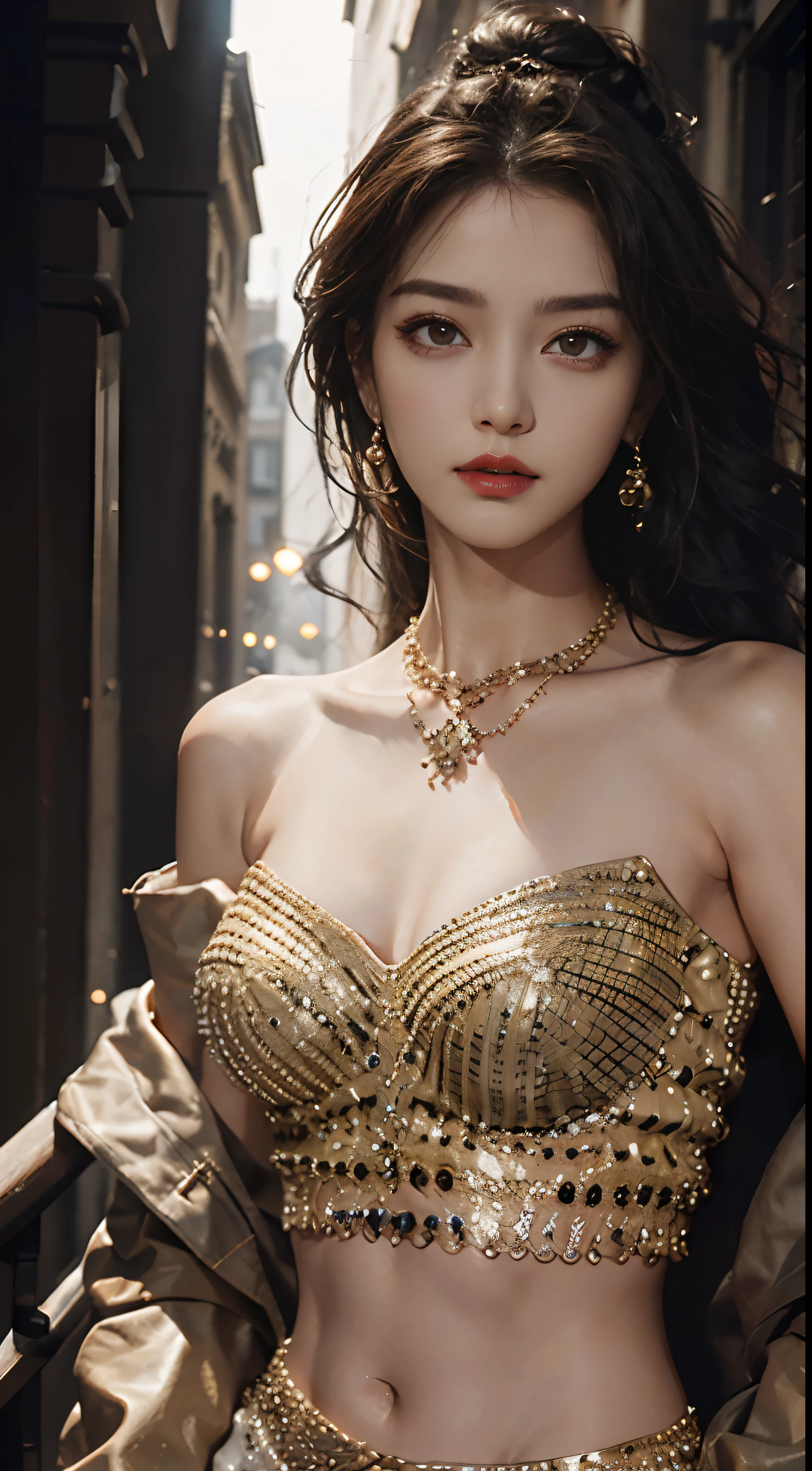 top quality, masterpiece, ultra high definition, (Reality: 1.4), original photo, 1 girl, brown eyes, Off the shoulder style, movie lighting, big deal, dark eyeliner, brown hair, Wind, necklace, perforation, bracelet, abdominal muscles,