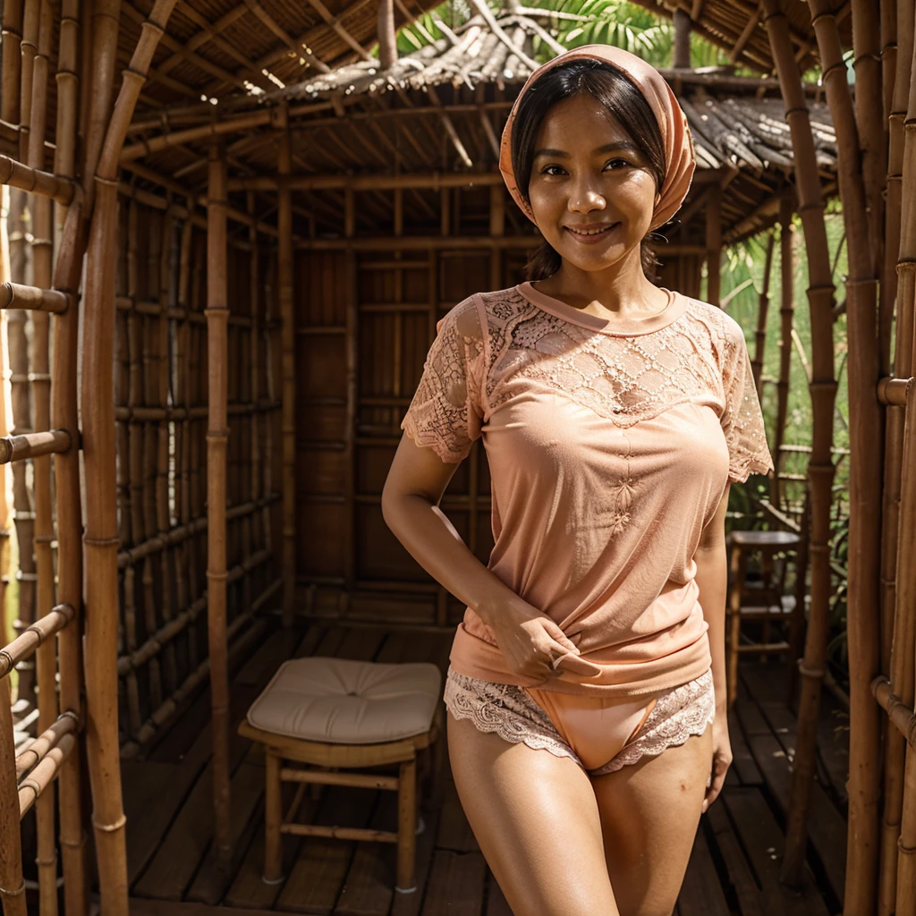 A 52 years old Indonesian woman in peach color hijab, wearing peach color lace tight t-shirt, wearing peach color lace panties, darker skin, curvier body, short body, smiling and standing in the old bamboo cabin in a forest, look to the viewer with eye close