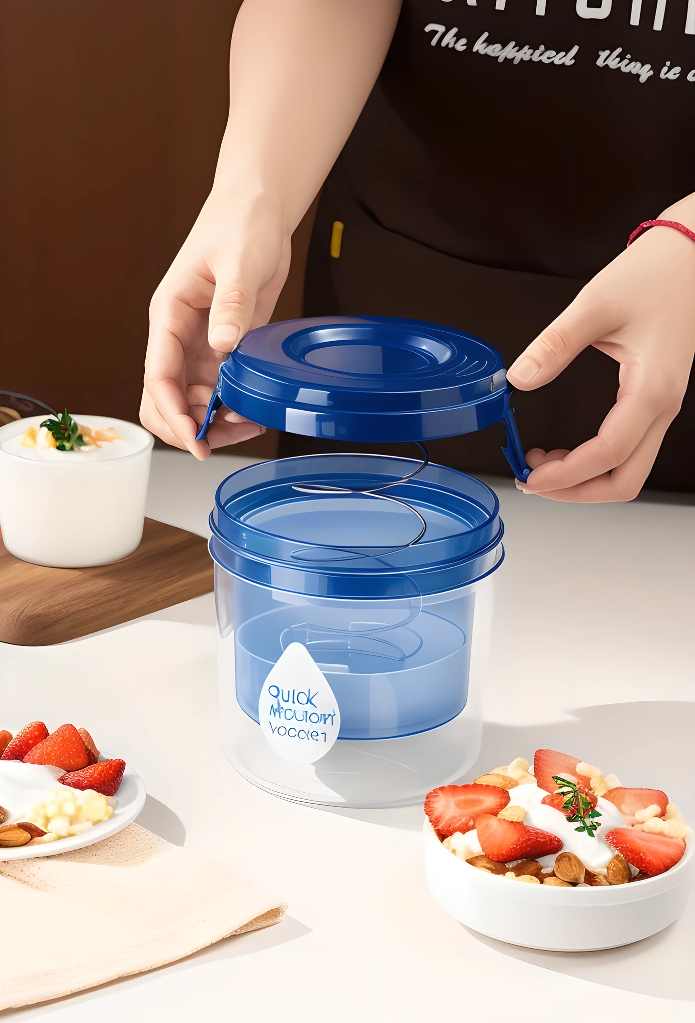 In this image, a clear plastic yogurt maker labeled "QUICK MIZUKIRI YOGURT" is placed on a wooden cutting board. The inside of the container was filled with a translucent liquid and a white solid. It was speculated that the liquid was water and the solid was yogurt. The container has a simple design, in clear and navy blue tones, and comes with an easy-open lid. The wooden cutting board is sturdy and has a dark brown natural wood grain. On one side of the cutting board is a small dollop of yogurt and a small wooden spoon. The background is blurred, showing sliced ​​strawberries and an empty bowl on the table. The overall tone is warm, the light is natural, and the composition is balanced, conveying a comfortable feeling of home-made healthy food. This scene may also imply a simple, convenient and healthy lifestyle.