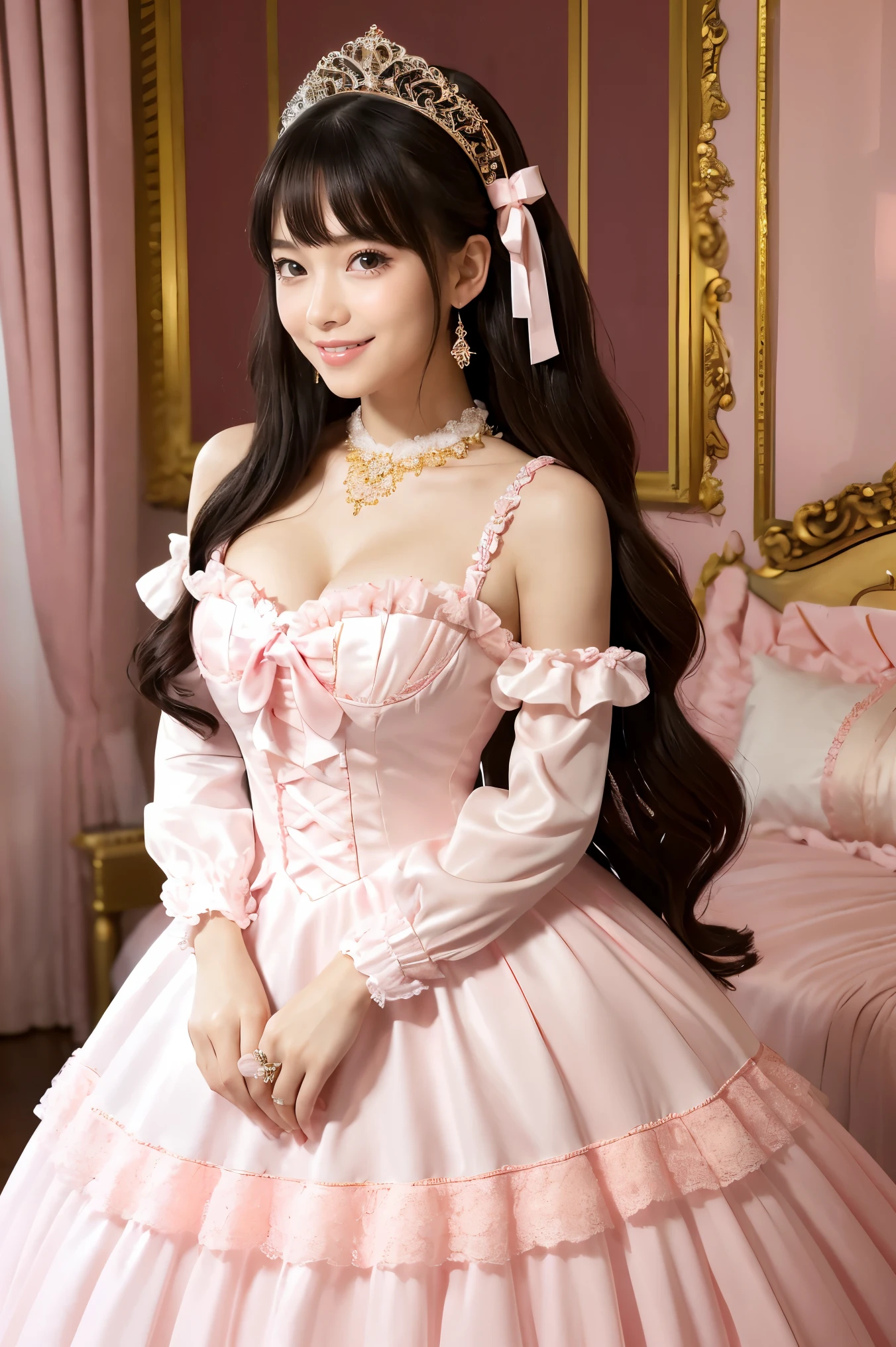 sleeping,die idol,close eye,sleeping,lying on floor,Unconscious,Oversized breasts with cleavage,Breasts that are about to burst,praying hands,hands on chest,tiara,idol pink costume,Light pink dress,voluminous mini skirt,A dress with lots of frills and ribbons,red lip, diamond pendant,earing,Brown hair ribbon twin tails,Beige long hair,full body