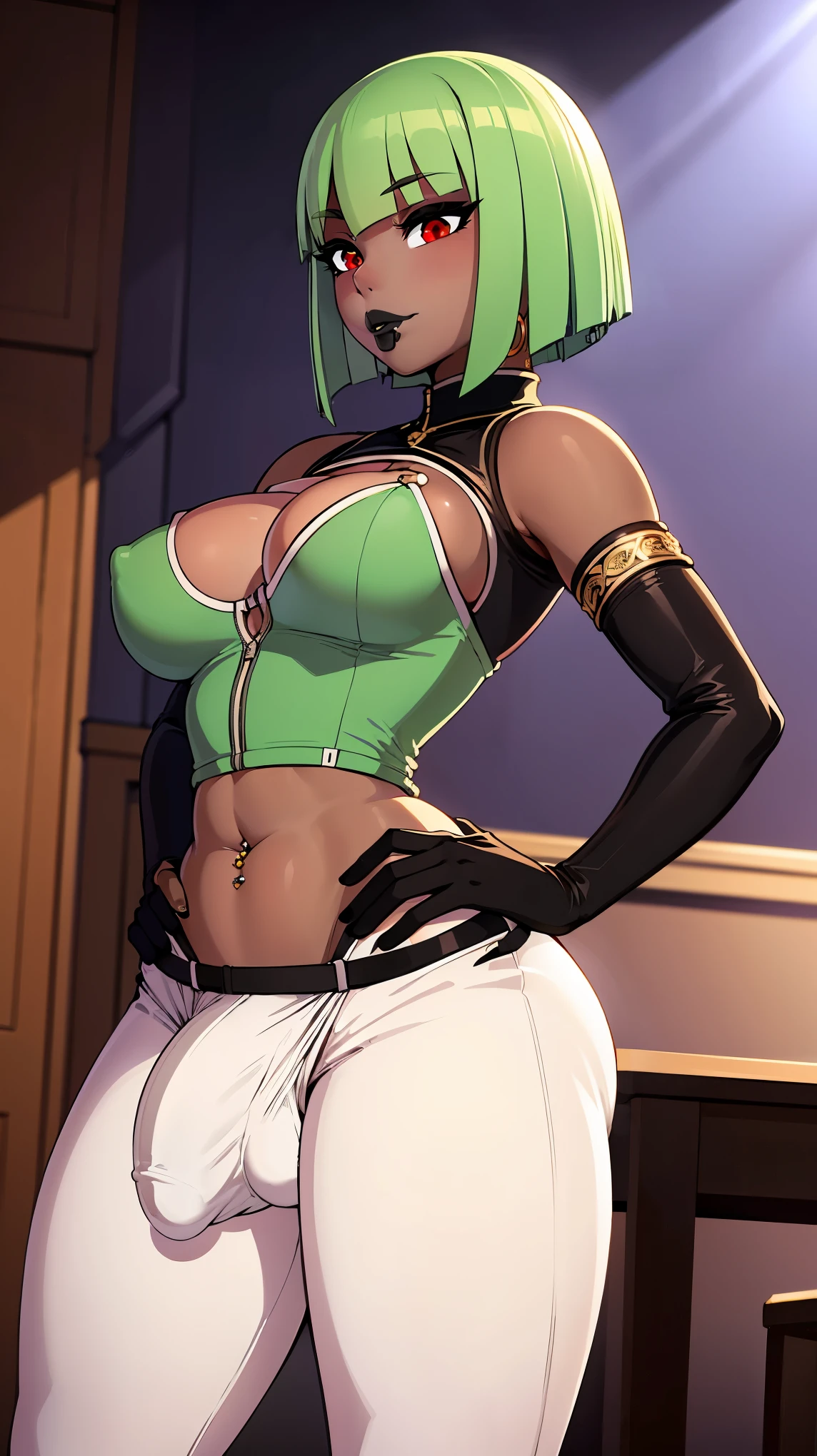 (solo:1.1),(masterpiece), (best quality:1.3), highly detailed, intricate, professional art, digital art, absurdres, confidant, emerald sustrai, futanari emerald sustrai wearing a white and green leotard cleavage cutout detached sleeves and pants confidently posing with hand on hip indoors, pants, 1girl, solo, (dark skin:1.4), green hair, bob hair, gold hoop earrings, gold jewellery, ab lines, (gold navel piercing:1.1), detailed stomach, red eye colour, dark skin, small breasts, nipple bulge, (aroused:1.2), (futanari:1.1), (wide hips:1.4), (makeup 1:1), beestung lips, (black lipstick:1.3), penis bulge, panty straps riding hips, (crotch bulge:1.4), crotch bulge, testicle bulge , furniture, side view, bubble butt, protruding butt, perky ass, large ass, gluteal crease, universal lighting
