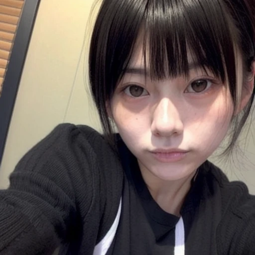 japanese woman、１８age、、morning、one&#39;s home、Selfie style、Upper body projection、Below average face、（Low quality:1.5)、low masterpiece、medium hair、black hair、straight face、long sleeve shirt、face with makeup、bangs bangs、old face、Ugly、Ugly、dark look