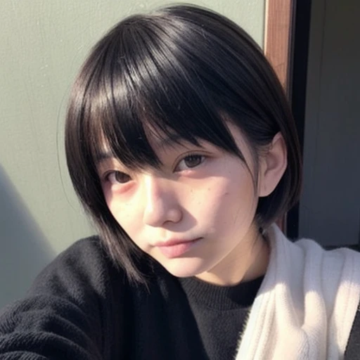 japanese woman、１８age、、morning、one&#39;s home、Selfie style、Upper body projection、Below average face、（Low quality:1.5)、low masterpiece、medium hair、black hair、straight face、long sleeve shirt、face with makeup、bangs bangs、old face、Ugly、Ugly、dark look