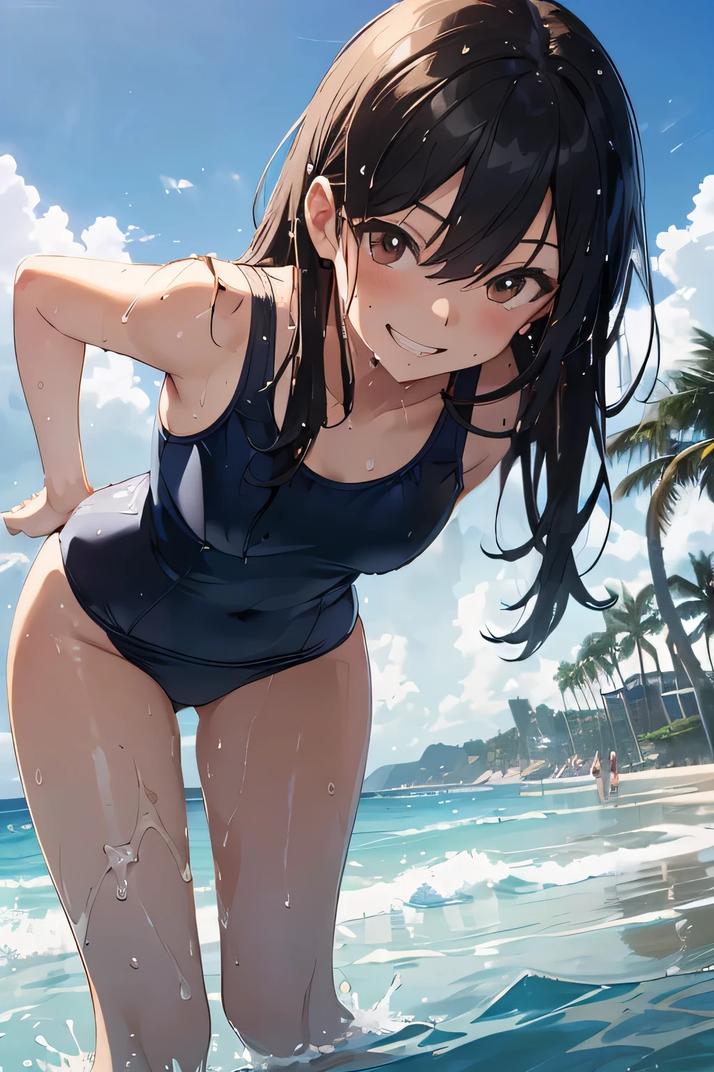 (masutepiece:1.2), (Best Quality:1.2), beautiful artwork，(Extreme Detail CG Unity)， (8K wallpaper)、​(exquisite lighting and shadow)、(highly dramatic picture)、(cinematic lens effects)、 ager girl standing on the sandy beach，(school swim wear), 1girl in, (School Swimsuit:1.3), Solo, onepiece swimsuit, Outdoors, Long hair, Wet, Covered navel, skyporn, Water, Black hair, (Big smile)， (Brown eyes), day, Small breasts, Bangs, Sunlight, through thighs, NAVY Blue one-piece swimsuit，(Wet:1.1)，(straggling hair:1.2)， (swimsuit is wet)，(Strong sunshine)，(Lens Flare:1.1)，(Tsurime:1.1)，(from front)，(Sweat)，(leaning forward)，(head tilt:1.1)，(evil smile:1.1)，(grin)，