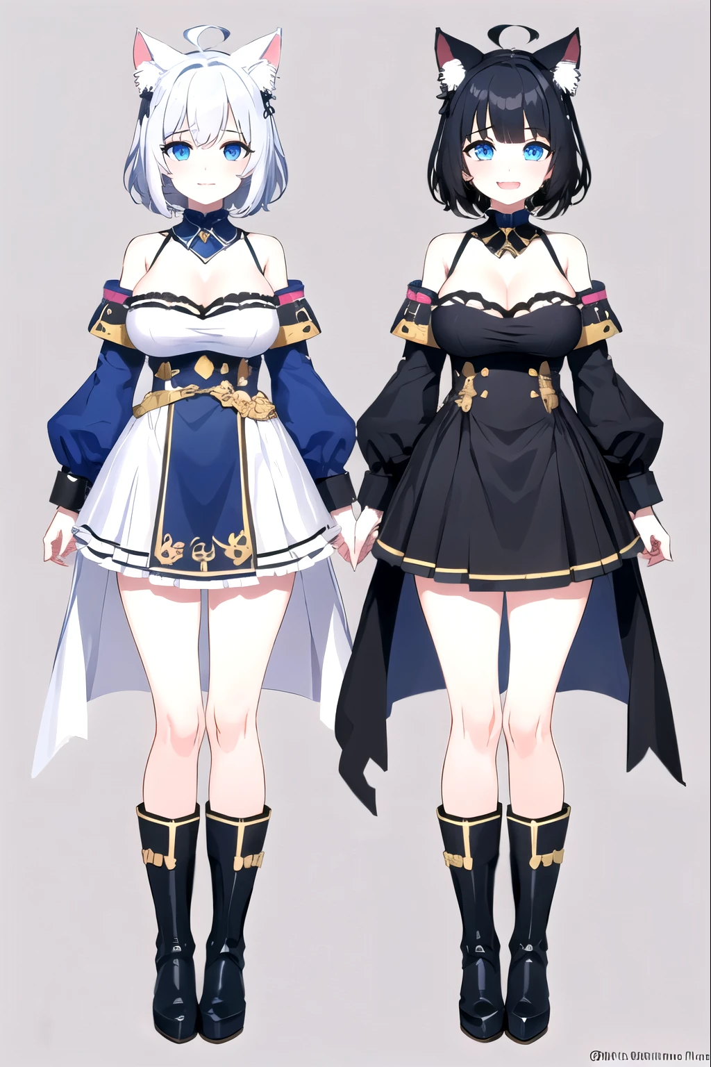 ,((upright)), ((arm at side)), looking at the viewer, simple background、white background, 1 girl, open your mouth, smile, Virtual YouTuber、with a girl、((highest quality, expensive_solve, clear_image)),(black hair), (black cat ears), (Ahoge), (ridiculously short hair), (wavy hair), (blue eyes),、laughter、very big breasts、whole body、Draw to the toes、I put boots on my feet、cleavage visible、dressed in military uniform、Reference sheet、((show viewer))。