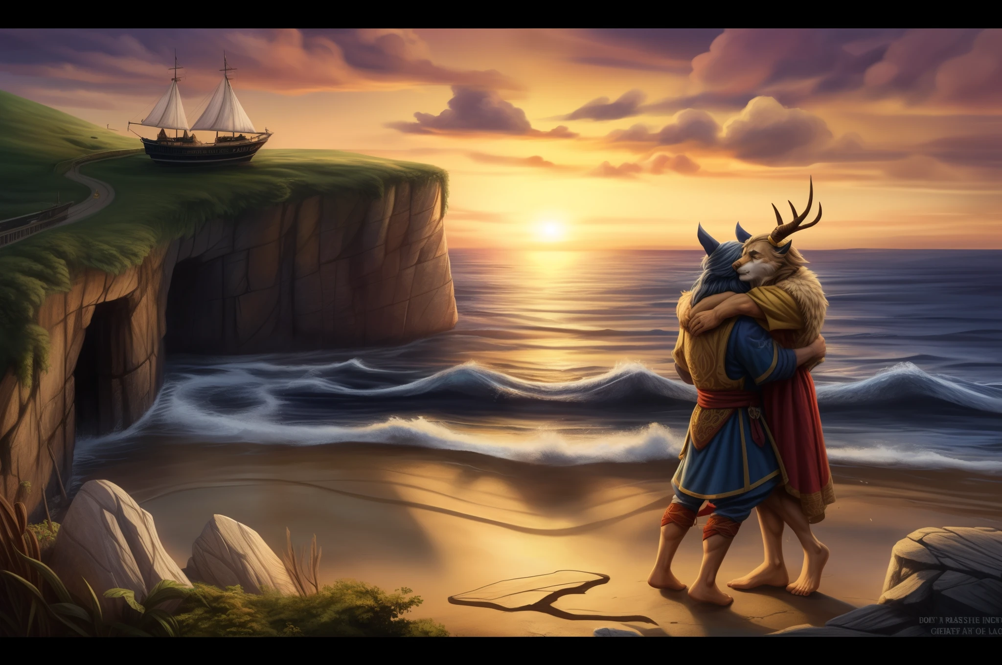 (((Barefoot furry character, full body, cinematic setting, male)))
Masquerading as a man with a reason.
My charade is the event of the season
and if I claim to be a wise man, well
it surely means that I don't know.
On a stormy sea of moving emotion
tossed about I'm like a ship on the ocean.
I set a course for winds of fortune,
but I hear the voices say:
(Carry on my wayward son.)
(There'll be peace when you are done.)
(Lay your weary head to rest.)
(Don't you cry no more.)
BREAK, detailed background, 8K, (masterpiece:1.5), intricate details, highly detailed, extreme detail, octane render, fine art, best quality, highres, (detailed face:1.5), ((full_body)), UHD, (((perfect hands)))
