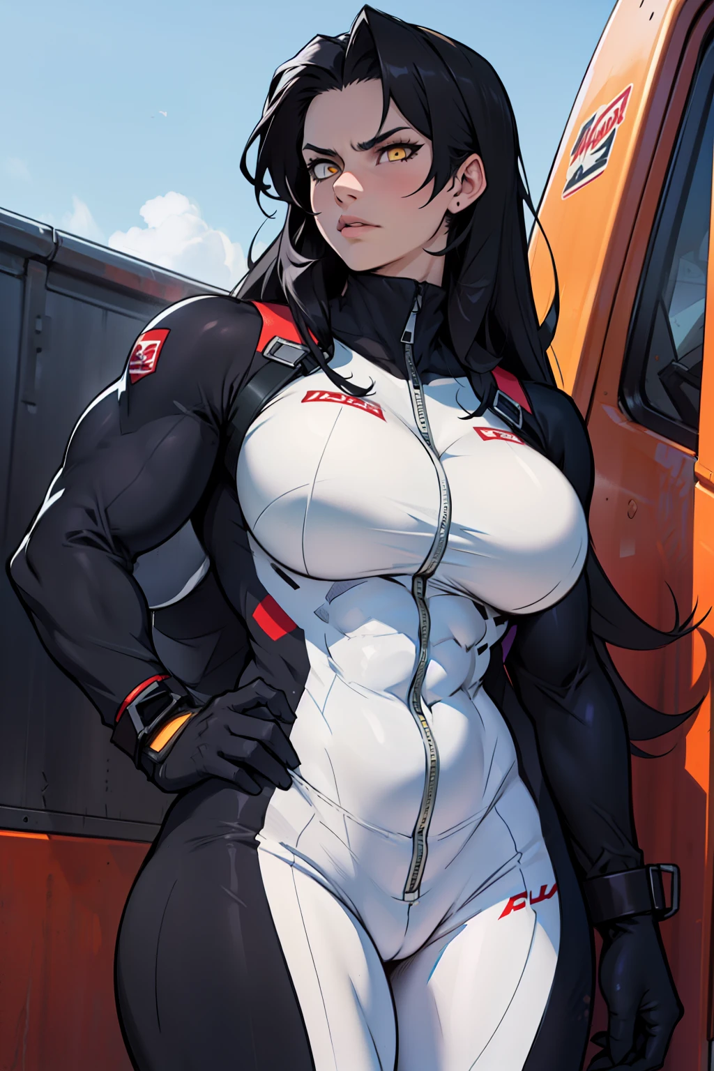 angry girl pale skin (((((muscular girl))))) (((thick))) (((large breasts))) pilot suit bodysuit black hair yellow eyes very long hair very long hair very long hair