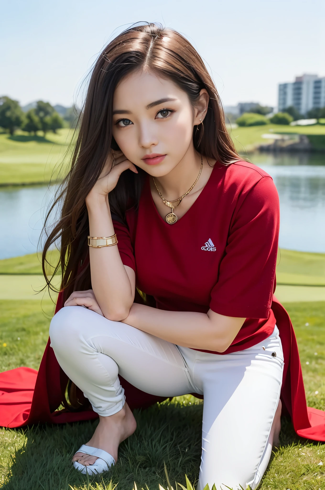 (super beautiful)、(beautiful face:2)、(detailed face:1.1)、(european:1.5)、(Miss Universe)、(she stood up:1.1)、(red dress made of thick fabric:1.1)、(raise the hem of the dress:1.5)、(Please show me your white pants:1.5)、(squat and open your legs)、(dressing:2)、high heels、(wearing heavy makeup)、(golden hair:1.4)、(blue eyes)、(thin:1.1)、perfect fingers、necklace、bracelet、gyuru、on stage、(Taken from above the knees:1.2)、(At SFW)highest quality、High resolution、Super detailed、masterpiece、Raw photo、realistic、Photoreal、very delicate and beautiful、finely、rough skin、1 girl、(alone)、(alone)、full shot、(sky from below:1.1)、(Height is 170cm)、(25 year old model)、Athlete body type、thick thighs、barefoot、(golf green:1.1)、(golf wear)、(mini skirt)、golf shoes、(body facing the camera:1.5)、(open crotch squat)、(open your legs:1.3)、(Crouch down and check the situation on the green.)、(place your palms on your knees,,,,:1.5)、(beautiful face:1.7)、brown shortcut、(show panties:1.3)、(white panties)、dark pubic hair、(golf wearを脱がないでください)、(At SFW:1.2)
