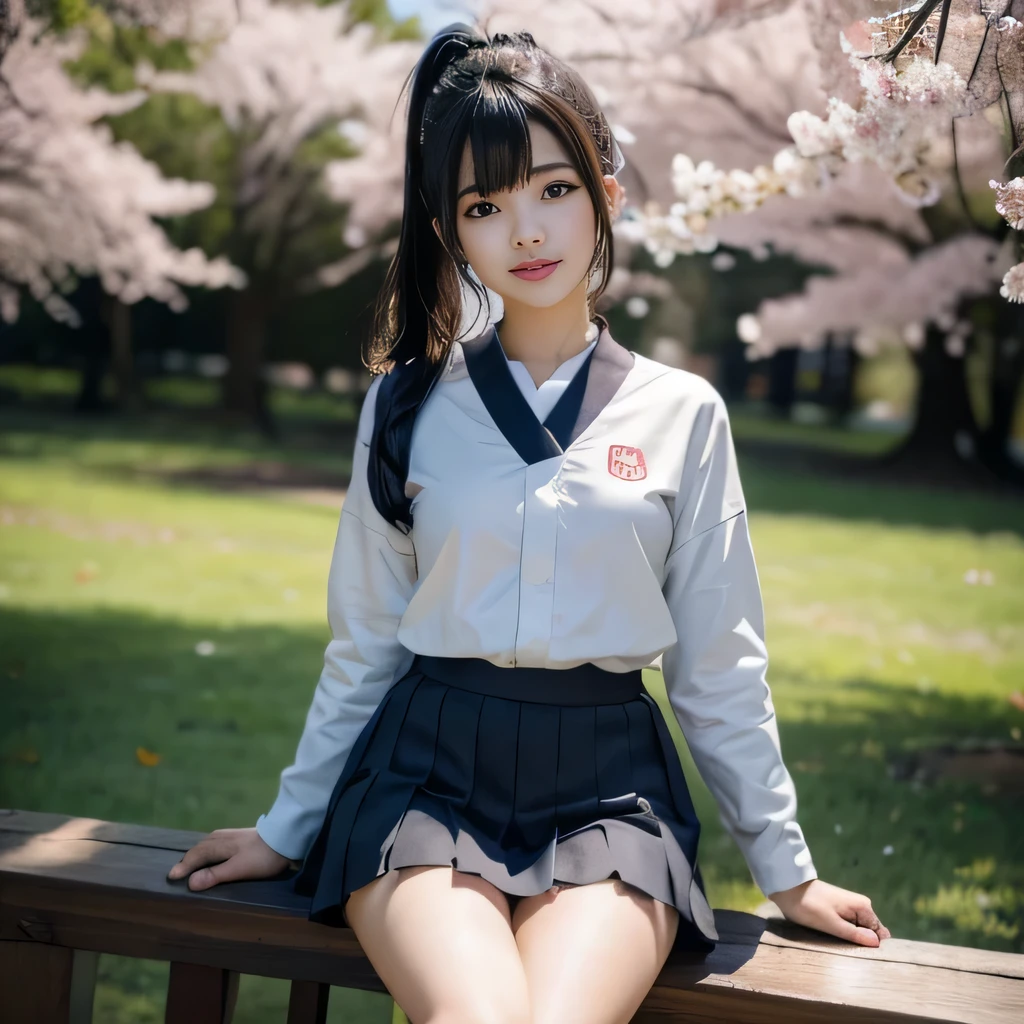 cute  girl, cute smile、pretty face、Height: approx. 160cm, brown eyes, ((Wearing a Japanese high school uniform))、wear a pleated skirt、In the row of cherry blossom trees、double ponytail black hair, masterpiece, 最high quality, 超high quality, high quality, High resolution, ultla High resolution, disorganized, 4k, 8K, 16k, very detailed, Complex, great shading, high contrast, realistic, photo realistic, RAW photo, photo shoot, super detailed illustrations, shortening, perfect anatomy, correct anatomy, perfect proportions, perfect face, perfect hands, perfect legs, perfect fingers