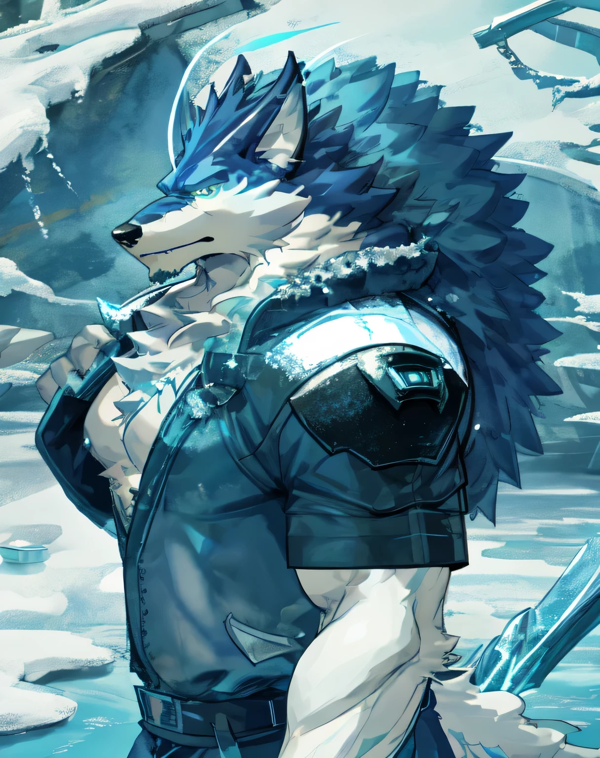 A cartoon picture，The painting shows a blue and white furry animal，The tail is blue, This character has the ability to freeze, Muscle Wolf Man, Ice King, puffy breasts, Wolf, Human and Wolf Fusion, god of winter, Iridescent Water Element, super awesome and cool, ice swamp monster, Colorful muscle weirdness, hairy body