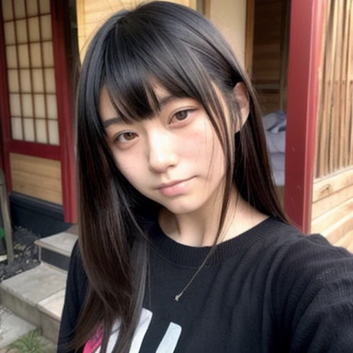 japanese woman、１８age、、morning、one&#39;s home、Selfie style、Upper body projection、Below average face、（Low quality:1.5)、low masterpiece、medium hair、black hair、straight face、Red long sleeve shirt、face with makeup、bangs bangs、old face、Ugly、Ugly、dark look