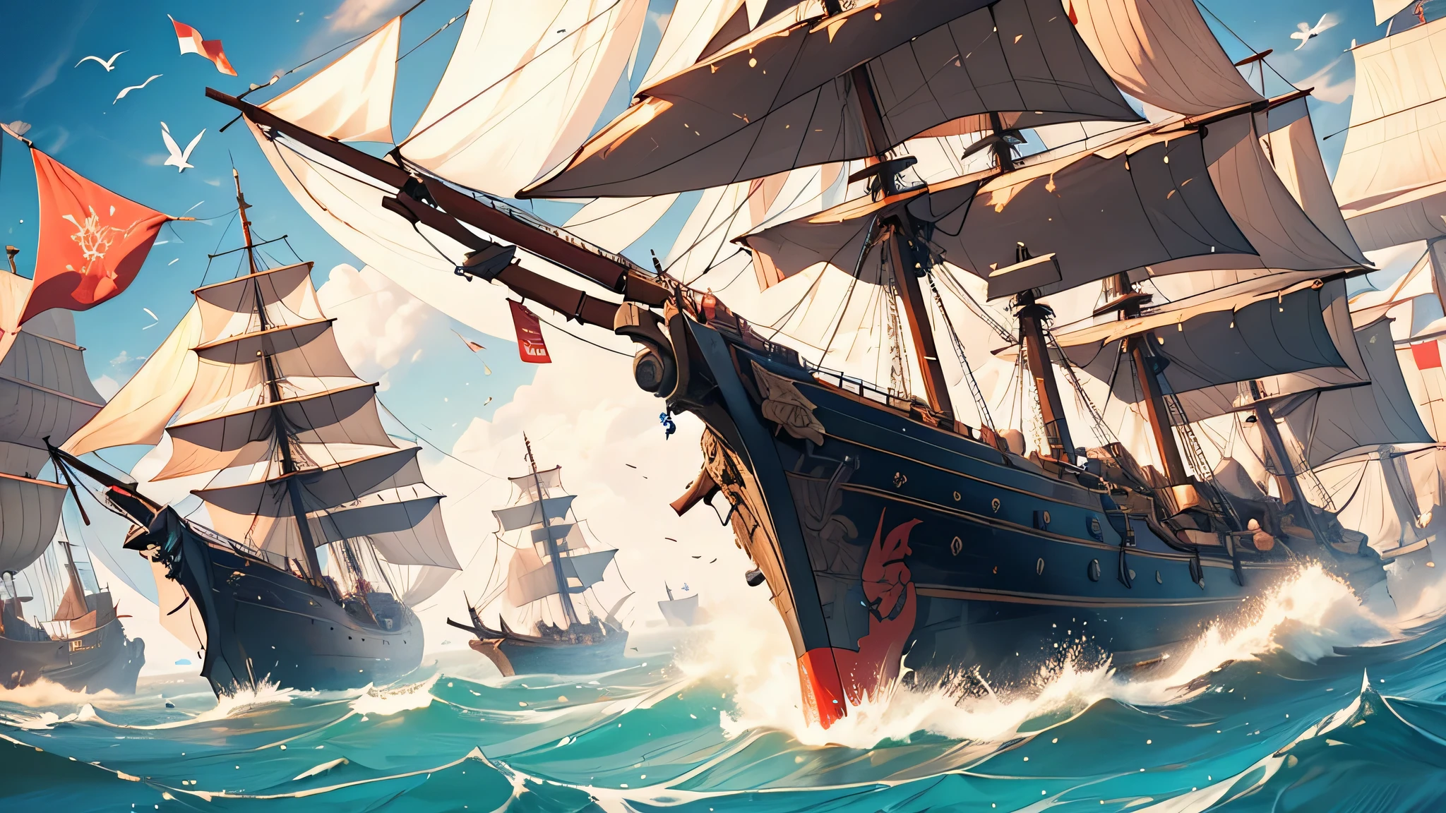 A detailed illustration of a 40-year-old man with red hair, commanding a huge grand medieval fantasy sailing ship brimming with cargo, intricate rigging, and billowing sails.