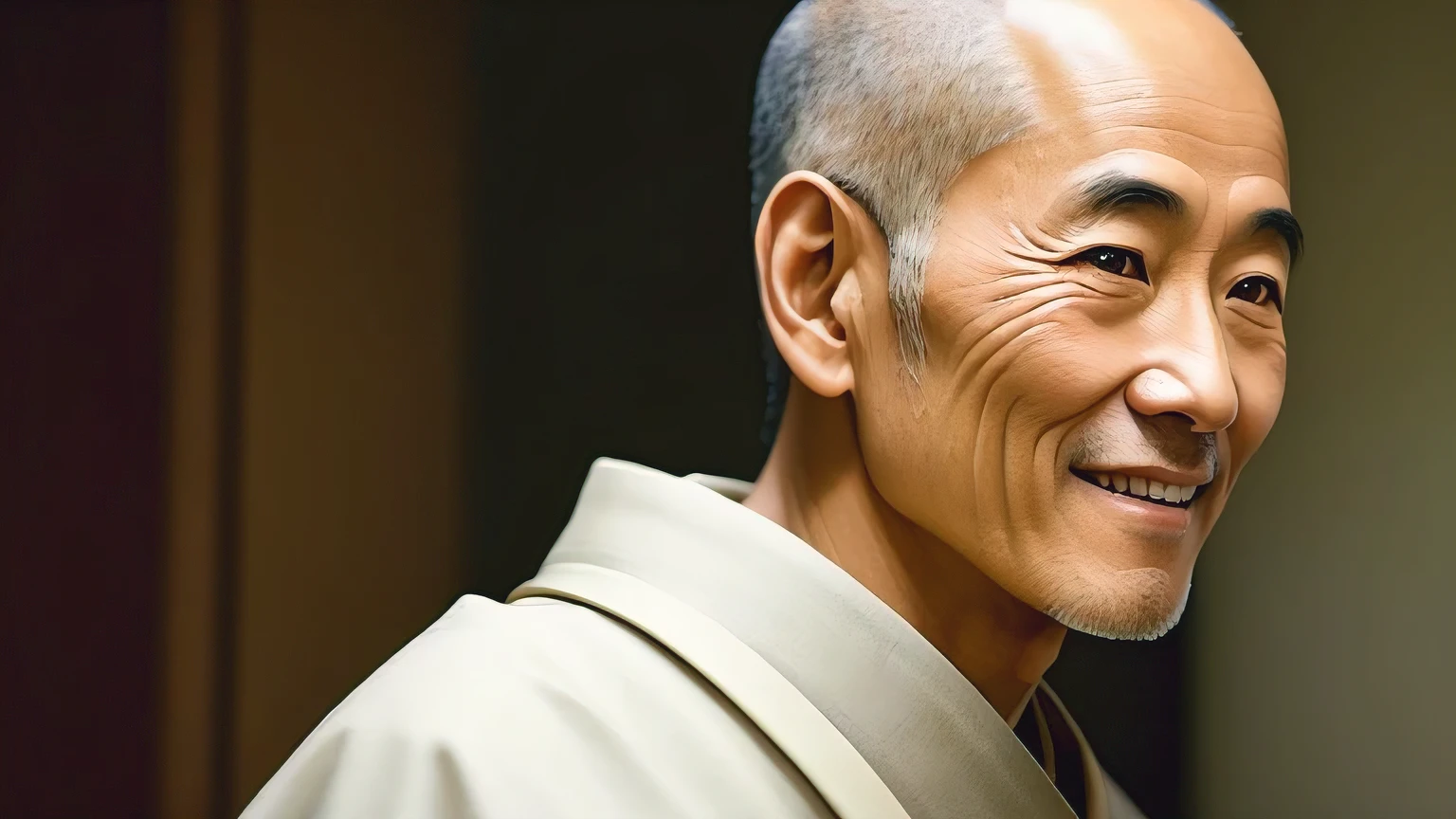 A monk in his 50s with a serene Japanese profile, portrayed in realism (realism: 1.5), exceeding expectations as a masterpiece. His kind smile radiates warmth and tranquility, captured in the highest resolution (ultra high resolution), revealing every detail in intricate authenticity. The hdr lighting enhances his creased features and gentle wrinkles around the eyes. His monk's robes are depicted with detailed textures, showcasing every thread and fold. A portrait of genuine wisdom and inner peace.