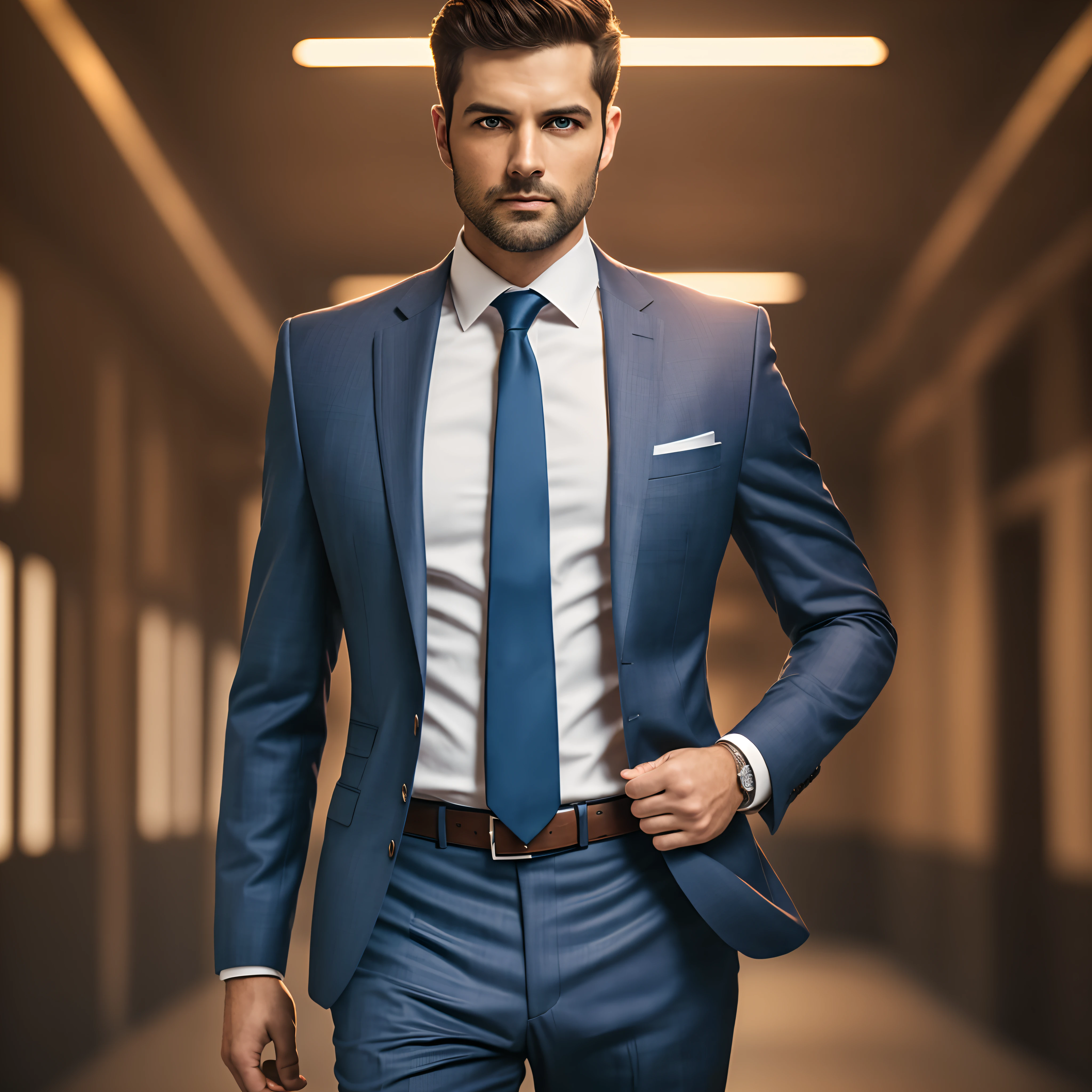 a Man standing with 30 years in suit and tie, body and head straight in the photo, DSRL, facing the viewer of the photo, eyes fixed to the lens, appears shoulders and head in the photo, man centered in the photo, 8k, best quality, masterpiece, realistic, realistic photo, movie photo, ultra realistic, 1 person, detailed, Perfect lighting, DSRL, professional photo, 4k