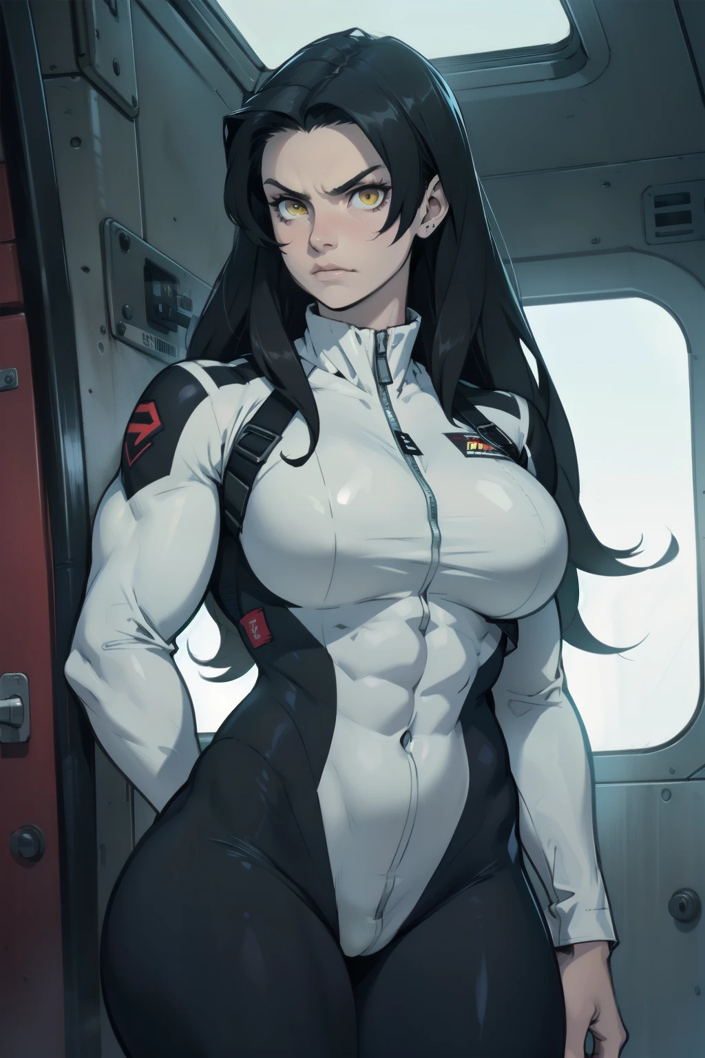 angry girl pale skin (((((muscular girl))))) (((thick))) (((large breasts))) pilot suit bodysuit black hair yellow eyes very long hair very long hair very long hair