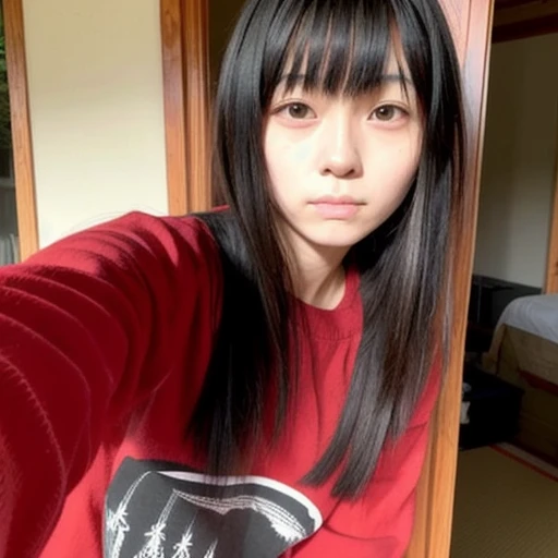 japanese woman、18age、、morning、one's home、Selfie style、Upper body projection、Below average face、(Low quality:1.5)、low masterpiece、medium hair、black hair、straight face、Red long sleeve shirt、face with makeup、bangs bangs、old face、Ugly、Ugly、dark look