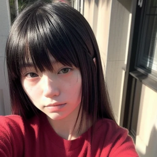 japanese woman、１８age、、morning、one&#39;s home、Selfie style、Upper body projection、Below average face、（Low quality:1.5)、low masterpiece、medium hair、black hair、straight face、Red long sleeve shirt、face with makeup、bangs bangs、old face、Ugly、Ugly、dark look