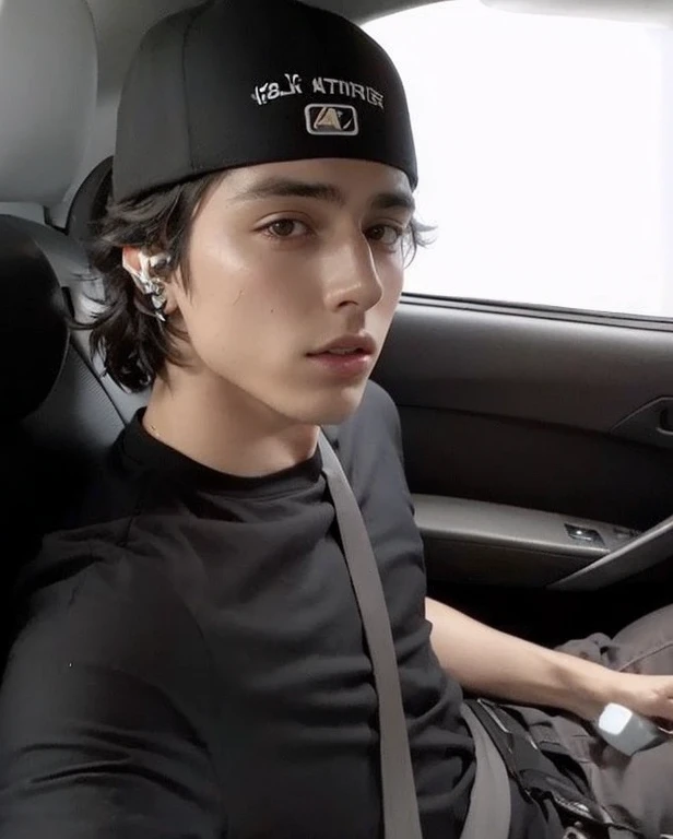 Arafed man in a car with a baseball cap on.., Tommy 16 years old, he is about 20 years old, he is about 2 0 years old, el esta usando un sombrero, 18 years, timoteo chalamet, asian appearance, jungkook jeon, Jungkook 16 years old, cara perfecta y chico, Lleva un sombrero destruido, Muy a favor