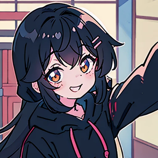 selfie, smile,Black hoodie - hood,modern japanese women,Hair - Long, Background - Home room,Ulzzang, cute natural anime face, Chiho, Clean and cute face, Kanriu 666,