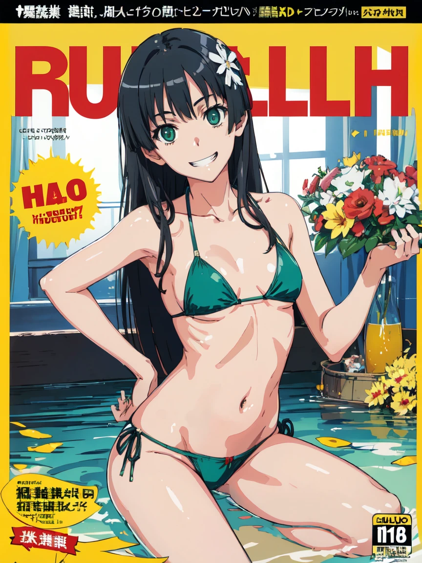 hustlercover, (High resolution:1.4), (masutepiece:1.2), (High quality:1.3) 1girl, saten ruiko, green eyes, long hair, black hair, small breast, bikini, grin