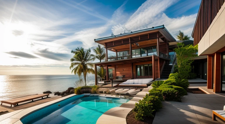 architecture, beach resort, vine, trees, cloud, sunset, vivid colours, sky, masterpiece,best quality,super detailed,realistic,photorealistic, 8k, sharp focus, a photo of a building day light, sun, cloud, RAW Photo, RAW texture, Super Realistic, 32K UHD, DSLR, soft lighting, high quality, film rating, Fujifilm XT3