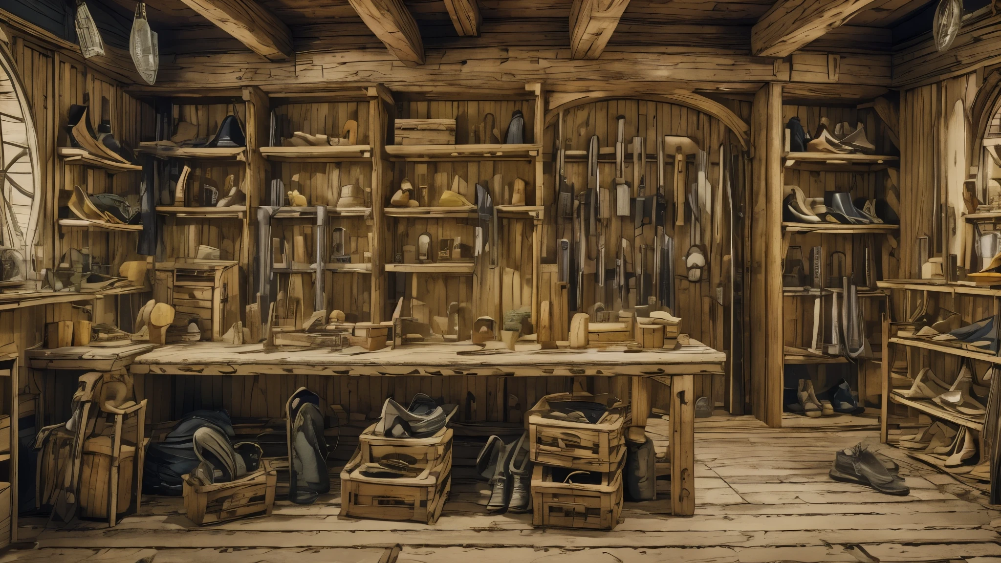 (Masterpiece, best quality, 8k), panoramic view, wooden shop interior, medieval style, counter, shelves, shoes and boots, weapons, tools, utensils.