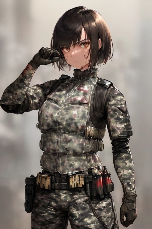 8K, (best quality:1.3), (masterpiece:1.3), (detailed:1.2), 1girl, solo, ((26 year old:1.3, Filipino Woman:1.3, short black hair:1.3, Amber eyes:1.2, Detailed face, Detailed eyes, tanned bronze skin:1.08, agile physique, Perfect Anatomy, Blood and mud stained skin, Blood and cuts on skin, (Wearing: camouflage military suit, bullet proof vest, pants, utility belt, armor and gloves:1.4)), into the camera with a fierce and serious gaze. Debris, smoke, shattered glass and ruined cars are in the surroundings.
