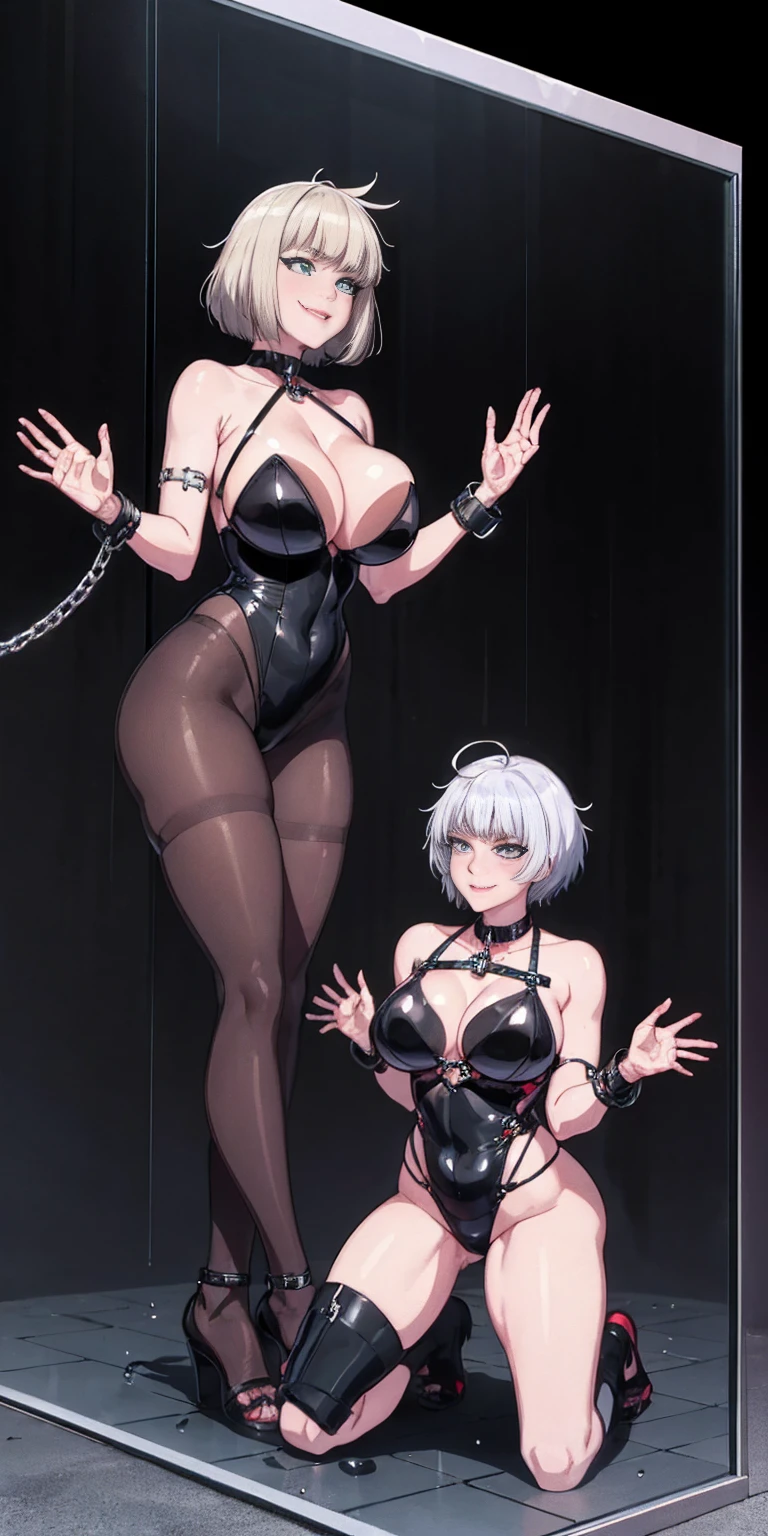 dark fantasy anime illustration of a (mature MILF BIMBO albino skin and short white hair), (FULL BODY) perfect face, wearing tight leather stealth armor, stalking, BIG KNOCKERS CLEAVAGE, lustful smirking smile red blush red cheeks, chain leash, kneeling, shackles, leather black collar slave, ((BLACK background)) hands on glass WITH KNOCKERS on glass, glass window fog water drop, 5 fingers each hand, metal handcuffs, black choker collar, thigh highs, long legs, metal ankle, metal sandals, metal shoulders, standing straight symmetrical against glass