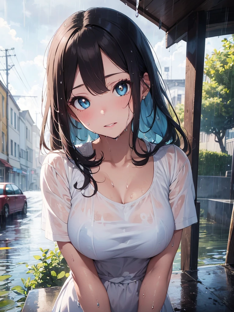 (best quality, masterpiece :1.3), pretty Woman, 1 girl, (Big breasts, Beautiful collarbone, attractive body :1.2), abdominal muscles :1.1, hair past shoulders, curls, blonde light blue hair, messy hair, Single side lock, (wet from rain, get wet by rain, wet :1.2), sky blue eyes, gradient Lake green eyes, upturned eyes, Pupils reflect surroundings, Very rich facial details, delicate lips, exquisite eyes, double eyelids, pupils sparkling, 16K