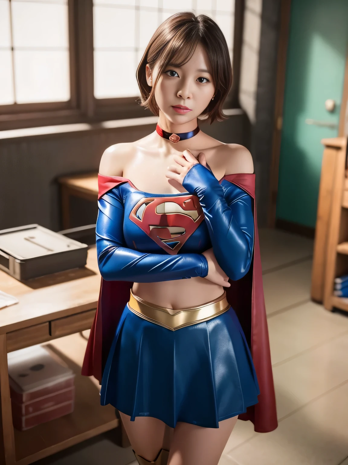 masterpiece、supergirl costume、short hair、barefoot、big and full breasts、Research room、operating table、yoga pose、Tattered、shiny、look at the camera、Sexy poses to seduce、model body shape、choker、long sleeve、red mini skirt、Cowgirl、Estrus、sweaty、Radical、off shoulder、Glamorous、