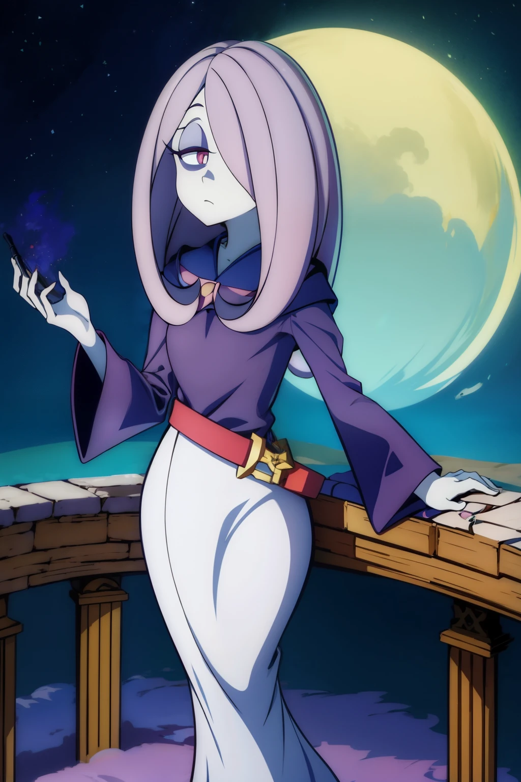 (masterpiece, top quality, best quality, beautiful and aesthetic:1.2), sucy manbavaran, 1girl, solo ,pale skin, grey skin, medium hair, purple hair, hair over one eye, half-closed eyes, red eyes, eyeshadow, makeup, serious, luna nova , long skirt, shirt, long sleeves, belt, robe, medium breasts, full body, 
