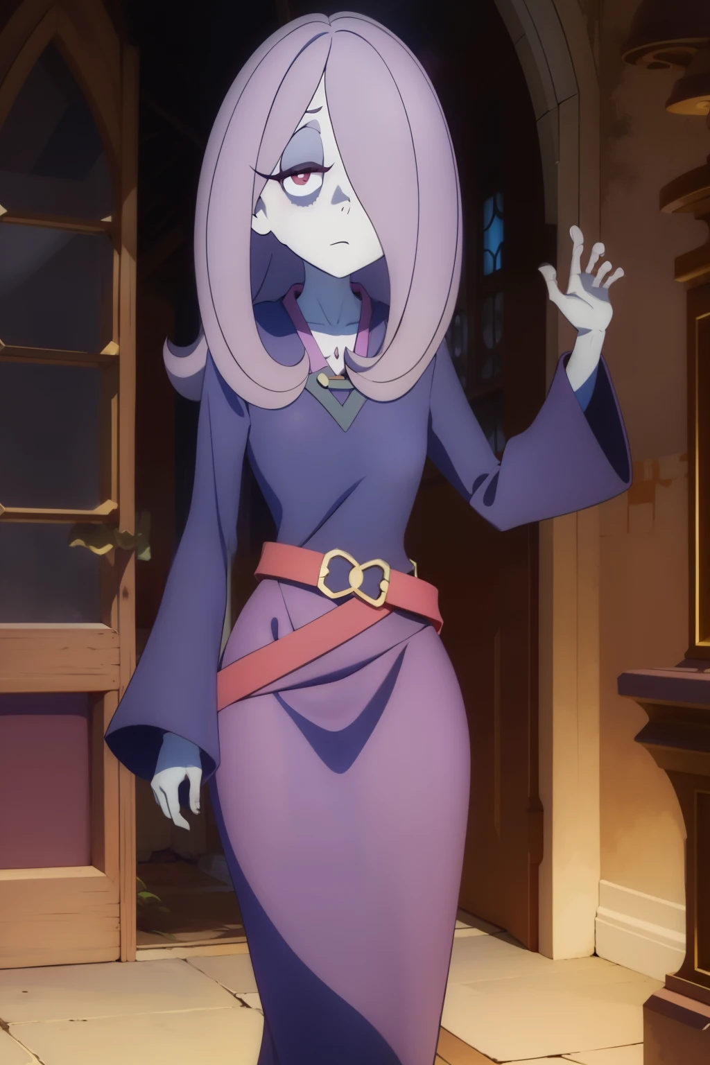 (masterpiece, top quality, best quality, beautiful and aesthetic:1.2), sucy manbavaran, 1girl, solo ,pale skin, grey skin, medium hair, purple hair, hair over one eye, half-closed eyes, red eyes, eyeshadow, makeup, serious, luna nova , long skirt, shirt, long sleeves, belt, robe, medium breasts, full body, 