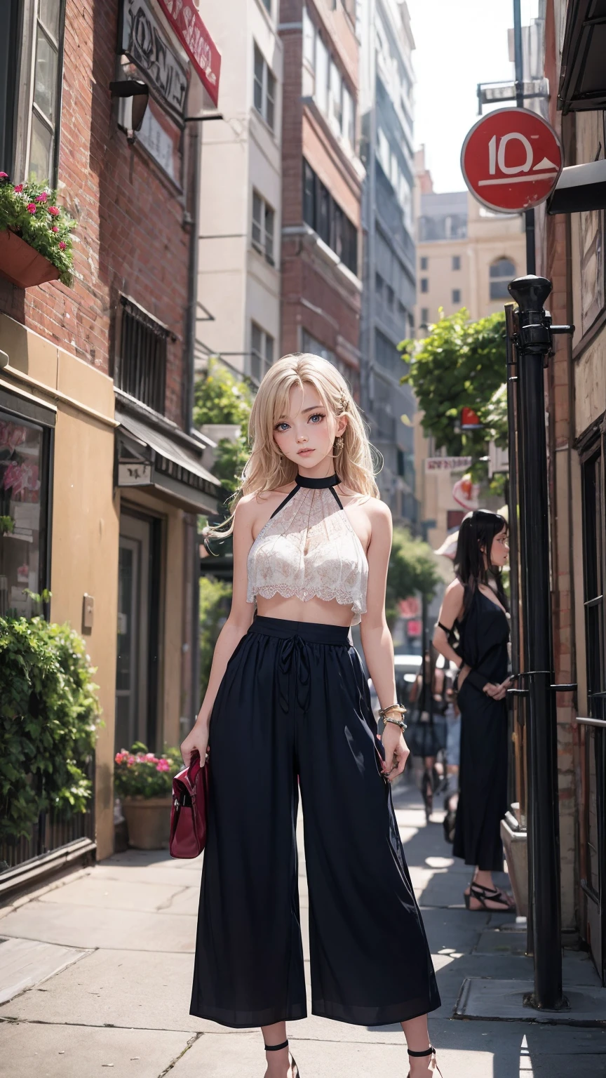 ((最high quality, 8K, masterpiece: 1.3, Ultra HD, high quality, 最high quality, High resolution, realism)) 、25 year old white woman、platinum blonde、blue eyes、long hair、hair is wavy、smile、slender、A soft and plump feminine body、I don't want my head to disappear from the screen.、Accessorize your wrist、Wearing red nail polish、I have a peticure、Lace choker、high neck halter neck((high neck halter neck))wear tops of、Transparent harem pants((harem pants))wear、sandals((sandal))wear、Being in the downtown area、stand on the corner of a building、fold your arms