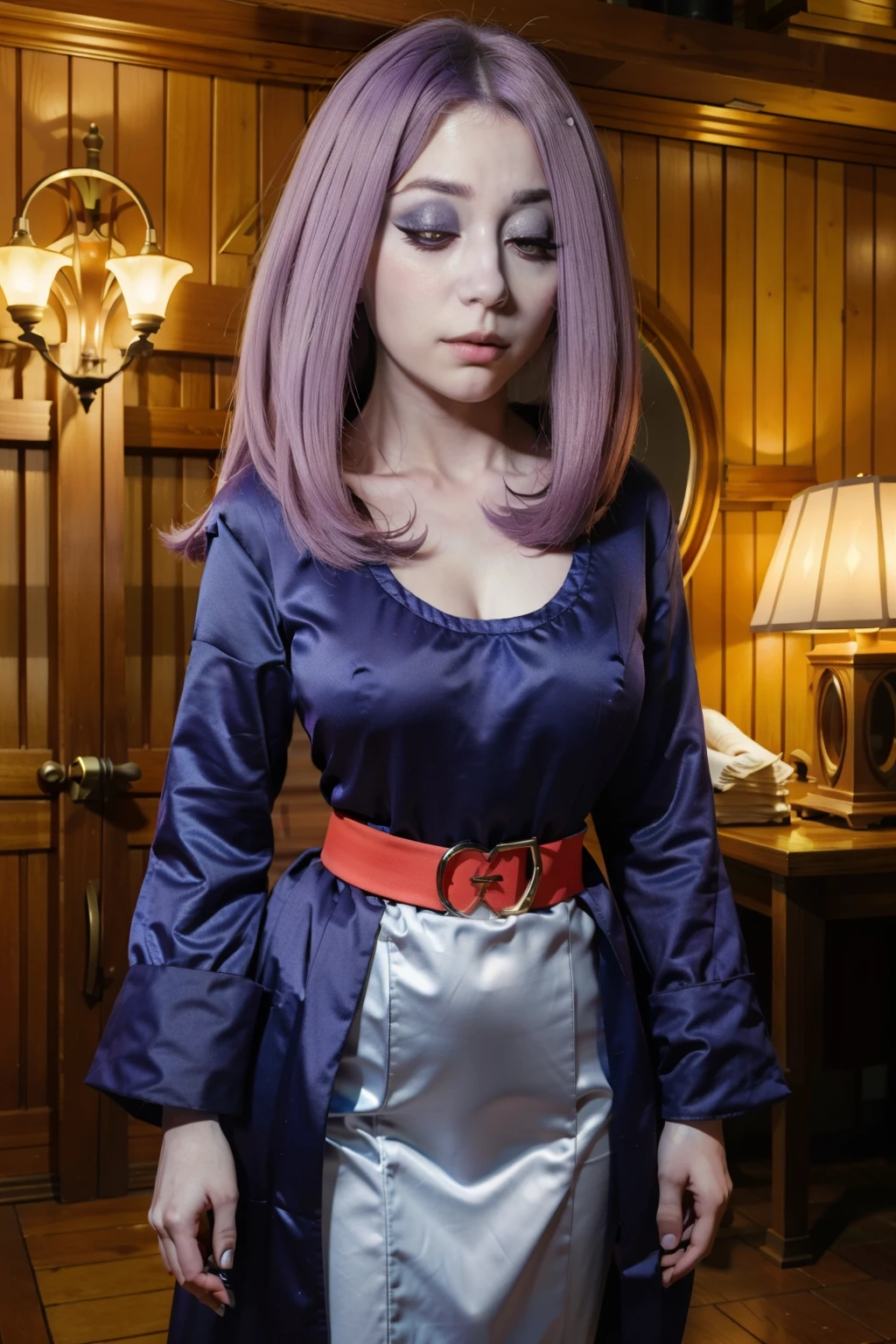 (masterpiece, top quality, best quality, beautiful and aesthetic:1.2), sucy manbavaran, 1girl, solo ,pale skin, grey skin, medium hair, purple hair, hair over one eye, half-closed eyes, red eyes, eyeshadow, makeup, serious, luna nova , long skirt, shirt, long sleeves, belt, robe, medium breasts, full body, 