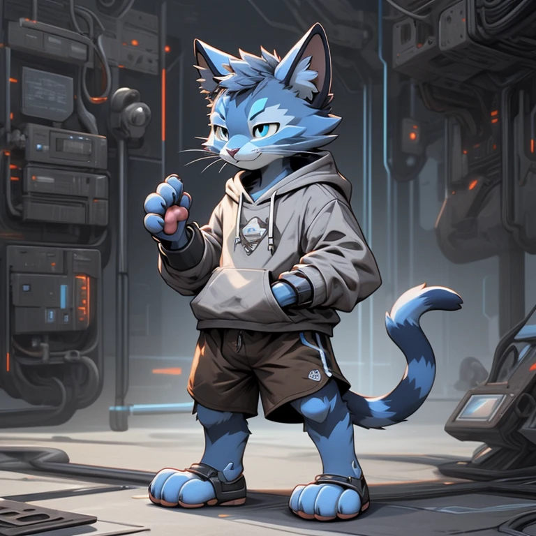 Furry Blue cat, half cyborg with some technological parts, wears a long gray sweatshirt, brown shorts and no shoes, showing his paws.