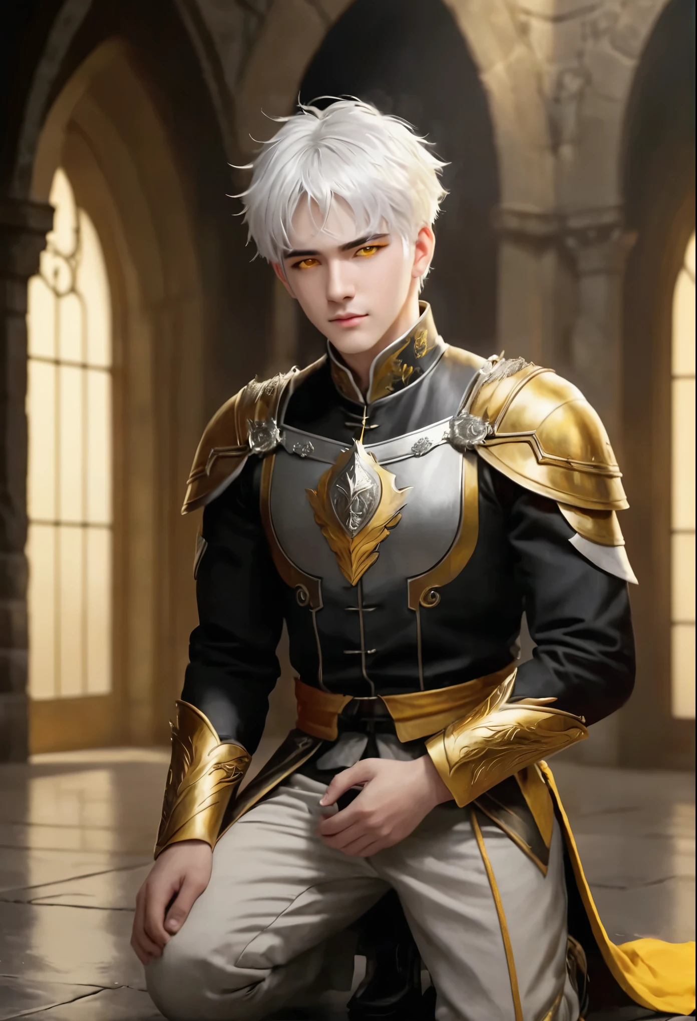Photo of a guy with white hair and yellow eyes, High detail, Clarity, 8 SS, young guy, 26 years, light gray hair, short haircut, Yellow eyes, Smirk, fire crown, lava is everywhere, Huge room with forged doors, stone floor, Royal Chambers, guy kneeling near the lake, realism, fantasy,