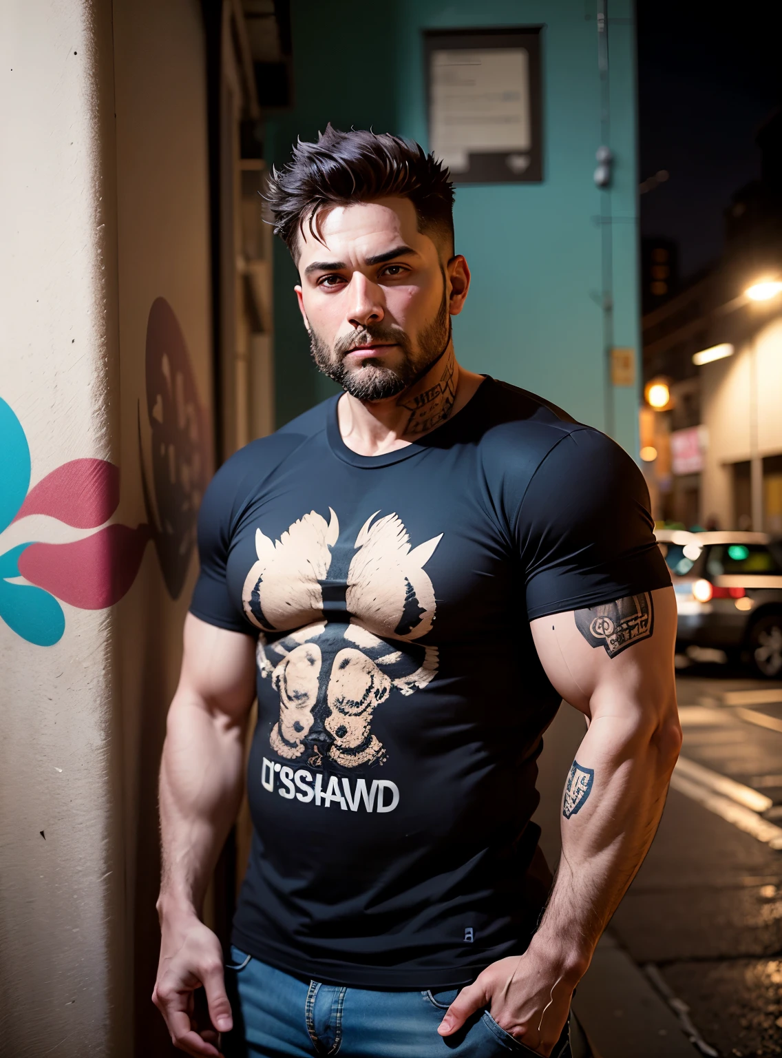 Criar imagem de um homem pardo, head with unshaven beard, corpo magro levemente torneado, olhos castanhos, tattooed left arm, usando uma camisa branca. He is standing in front of a graffiti wall at night, acompanhado de um gato preto