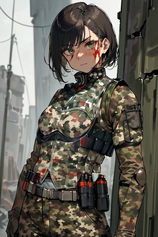 8K, (best quality:1.3), (masterpiece:1.3), (detailed:1.2), 1girl, solo, ((26 year old:1.3, Filipino Woman:1.3, short black hair:1.3, Amber eyes:1.2, Detailed face, Detailed eyes, tanned bronze skin:1.08, agile physique, Perfect Anatomy, Blood and mud stained skin, Blood and cuts on skin, (Wearing: camouflage military suit, bullet proof vest, pants, utility belt, armor and gloves:1.4)), into the camera with a fierce and serious gaze. Debris, smoke, shattered glass and ruined cars are in the surroundings.