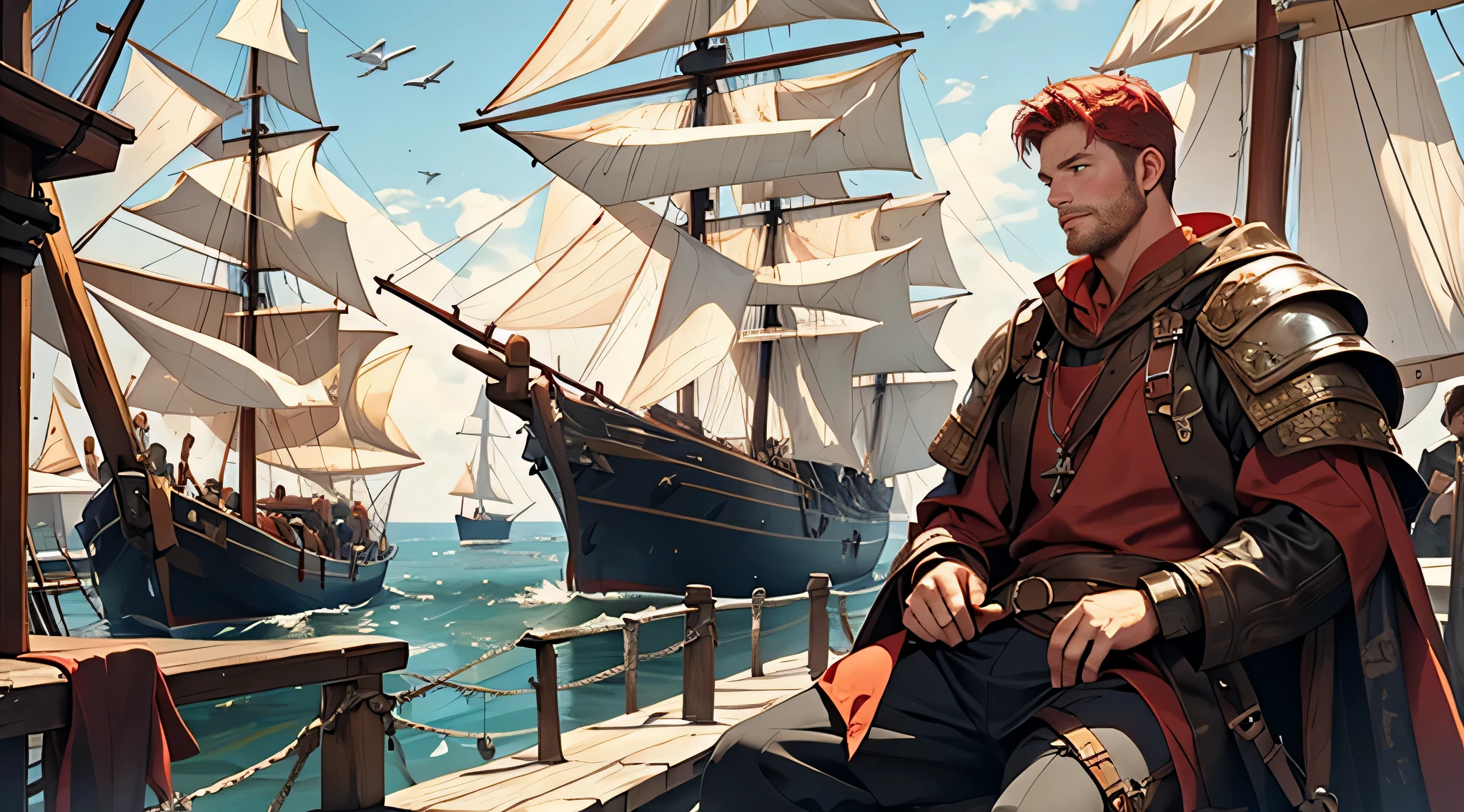 picture of a man in his 40s with red hair, on the deck of a sailing ship, along with the crew, medieval fantasy theme