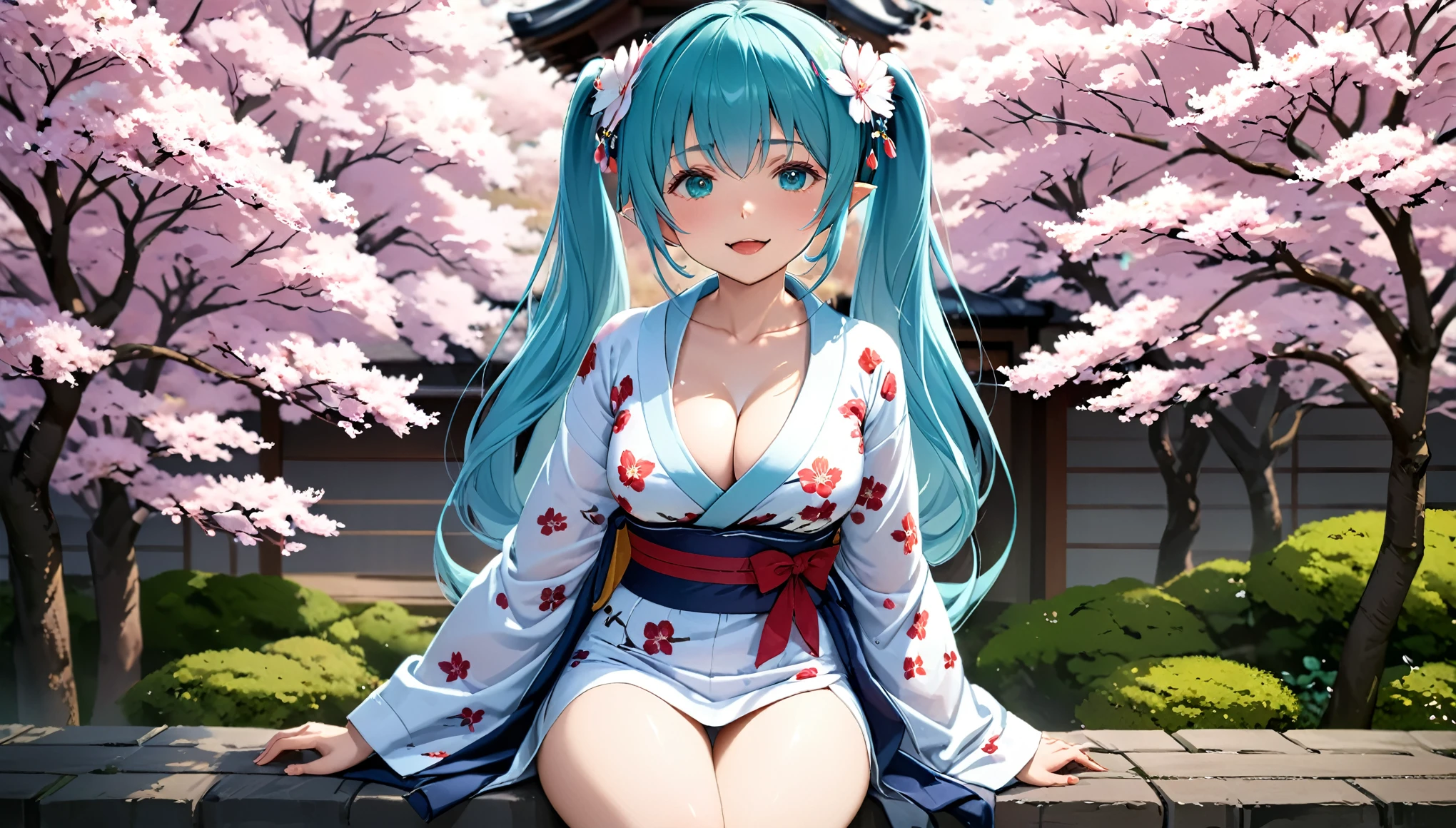 (Masterpiece, highest quality), 1 elven girl, solo, long hair, Large breasts, looking at viewer, blush, smile, bangs, very long hair, light blue hair, hair style is twin tails,flower hair ornament , large breasts, long sleeves, cleavage, hair between eyes, sitting, open mouth, collarbone, thighs, outdoors, japanese clothes, kimono, sash, petals, floral print, cherry blossoms, yukata, white kimono, print kimono,(Open the front of the kimono chest very wide),Ease up a kimono sash