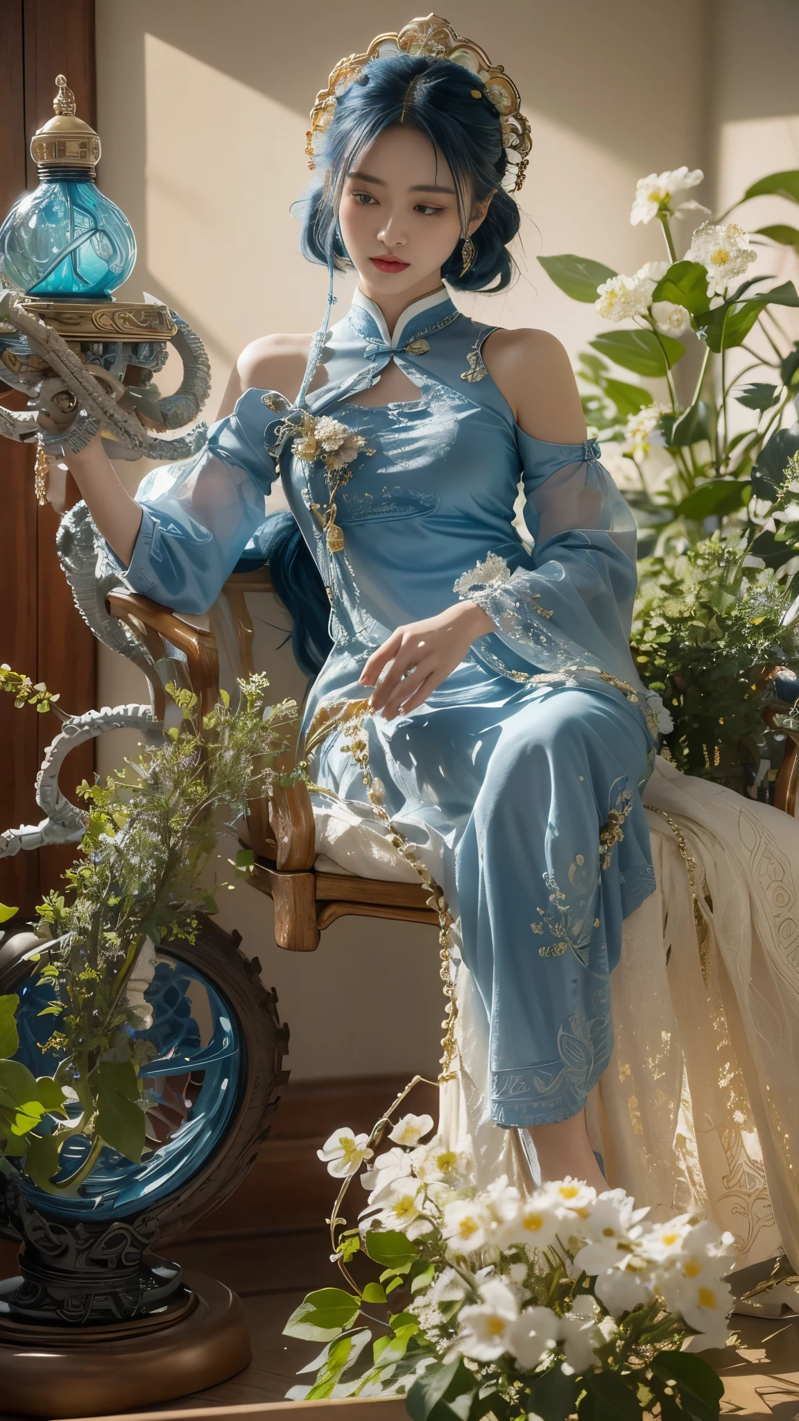 A subtle Chinese woman with a subtle characteristic, full lips, a smooth tan tan tone, blue hair, and blue hair are decorated with countless complex vortex elements, gears, gears, flower patterns, beads Hanging gorgeous jewelry conveys a tranquil contemplation; the Victorian style inspired by steam punk is injected into organic and mechanical aesthetics; the tranquil statue postures tranquility; -v2: 1.0>