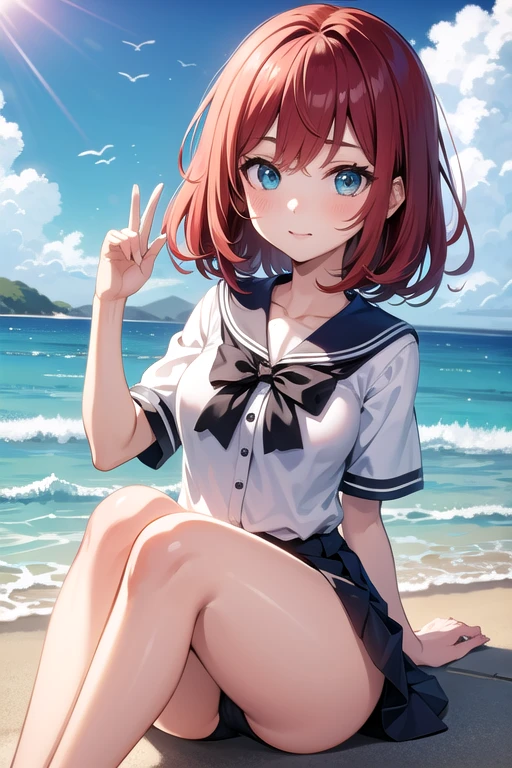 Anime girl with beautiful ocean eyes and red hair any style and any length. She is wearing a school outfit 