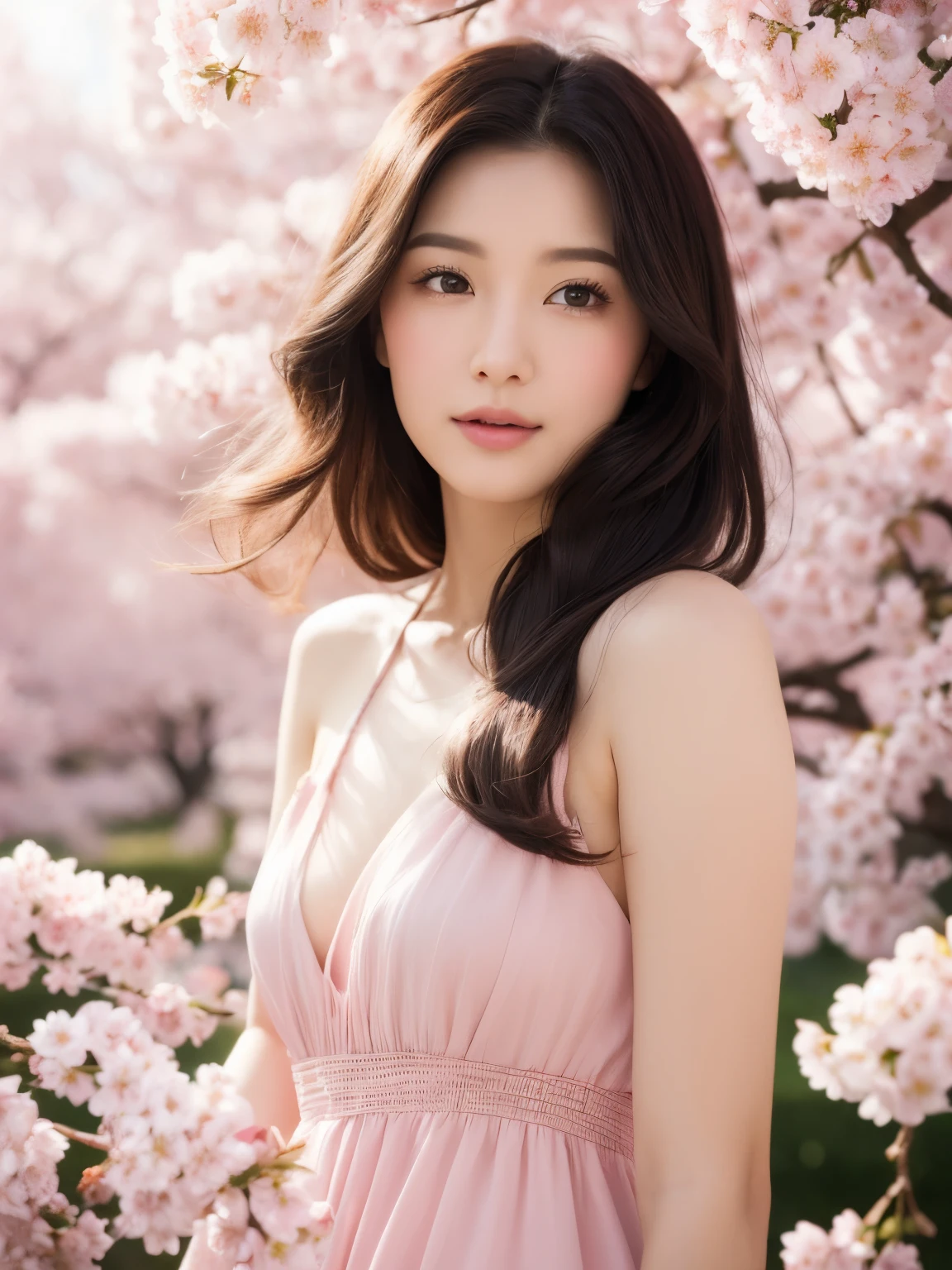 (A logo、masterpiece、8K、masutepiece、Raw photo、Fantastic、Best Quality、Photorealistic and ighly detailed CG integrated 8k wallpaper、hightquality、ighly detailed、epic poem、Particle effect、Dynamic effects、depth of fields、Cinematic Light、Lens Flare、Ray tracing)、Fantasia、 (Beauty 1 person、doress、Dress、Cherry blossom pattern、A dark-haired、Beautiful face、Real Face、beautiful details eyes beautiful skin)、my hair dances in the wind、Hair flutters in the wind、Hair jumps、Pink cherry blossom tree、Petals flutter、Sakura blizzard、Superb view、morning glow、Sun in the background、the wind、
