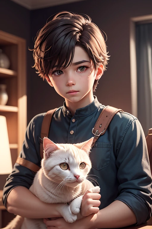{{masterpiece, best quality, extremely detailed CG, unity 8k wallpaper, cinematic lighting}}, a boy with cat, undercut hair style