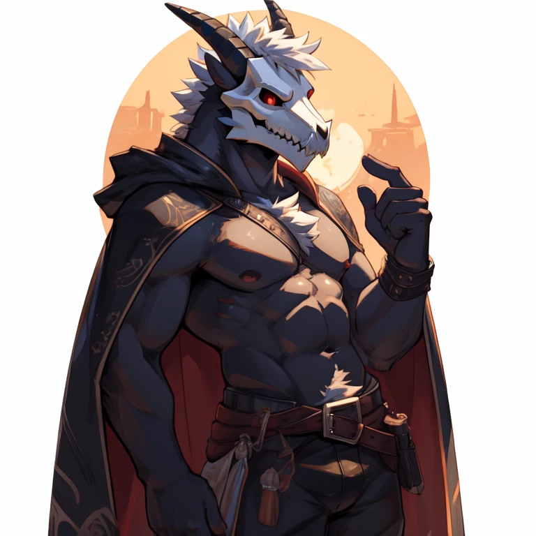 solo, goat horns, black dragon, black scalie, fully black body, black chest, goat skull mask, goat skull, skull mask, red eyes, white hair, white chest tuft, 1 boy, (pose:1.3), (posing:1.3), 4k, hi res, detailed face, 1boy, no nipples, adventurer outfit, brown belt, white cape, white poncho, yellow cape, yellow poncho, sword on waist, uploaded to e621, topless, shirtless, by zackary911, by haps, by kattalu, by jarlium,by zex, white background,