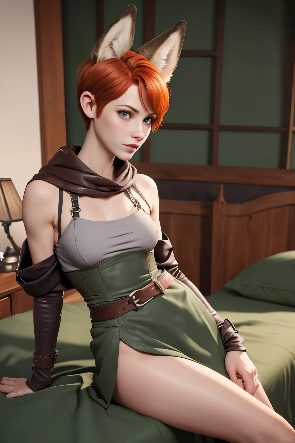 1girl, full body, teenager, solo, (short pixie cut Hair, undercut red hair: 1.28), ((light gray eyes)), some small freckles, (dark fox ears: 1.35), pale skin, large breasts, (thin hips, thin waist , athletic body: 1.25), simple background, looking away, (revealing clothes, brown leather, cowl, cloak, corset, skirt, long boots, buckles, straps, pouches, green fabric, brown leather: 1.1), neeling on a bed, in a bedroom, masterpiece, best quality,3d rending work ,3DMM style, close-up, portrait, 3D,